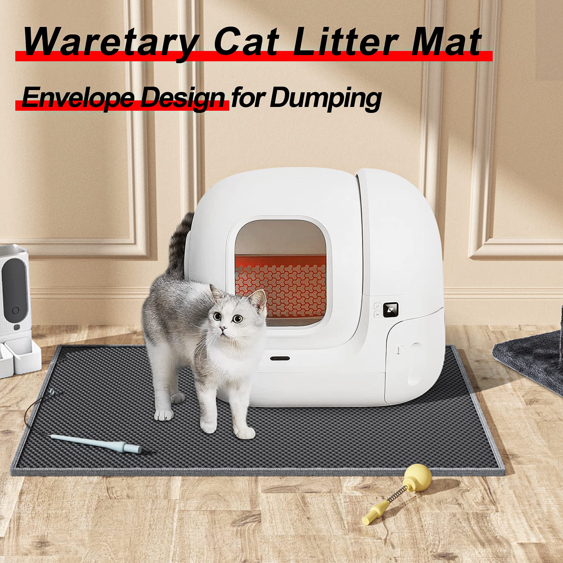 Waretary Cat Litter Mat, 30' X 24' Litter Trapping Mat, Double Layer Honeycomb Litter Box Mat, Urine & Waterproof Kitty Litter Mat, Scatter Control Easy Clean (Gray)