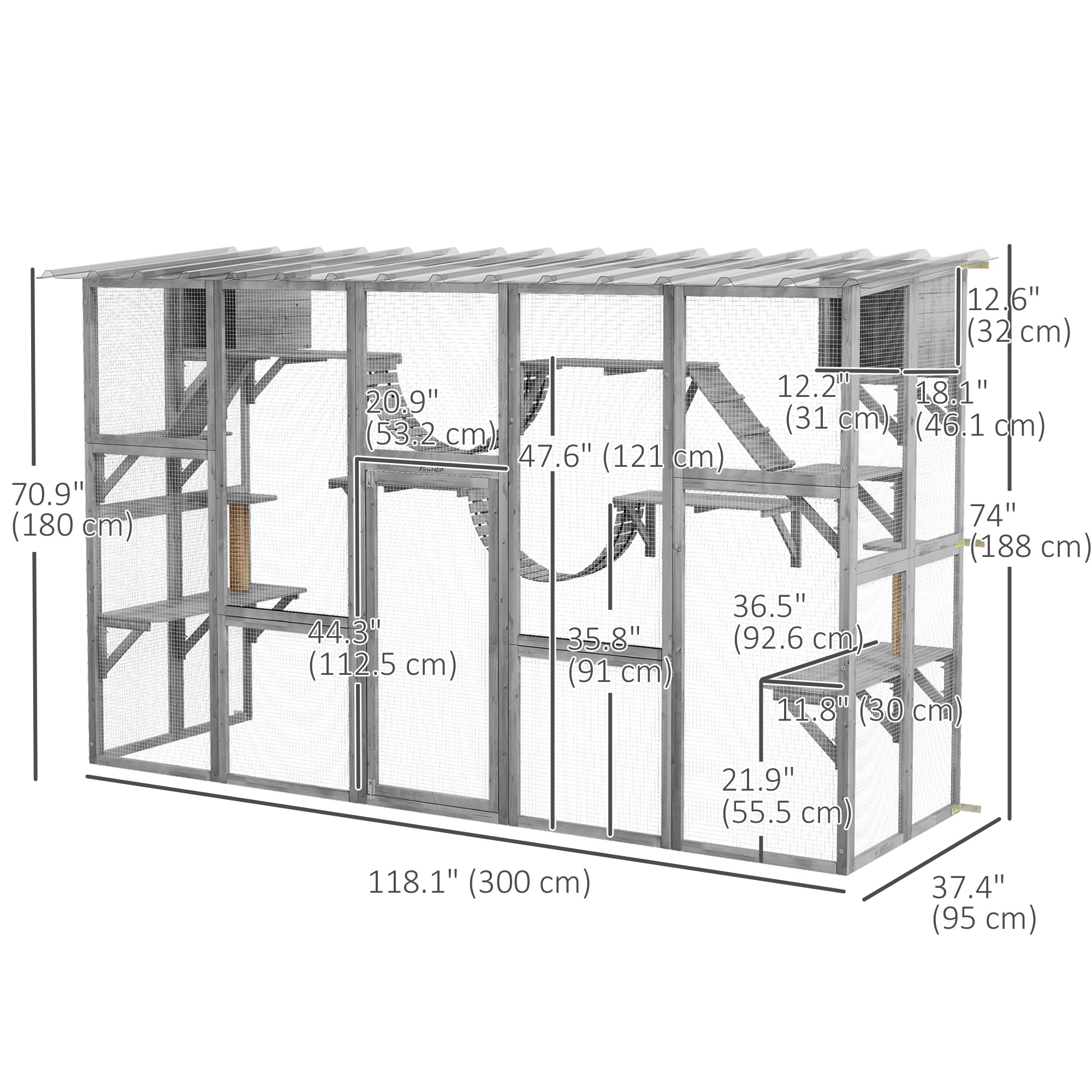 Pawhut Catio Playground Cat Window Box Outside Enclosure, Outdoor Cat House With Weather Protection Roof For Multiple Kitties, Wooden Frame, Shelves & Bridges, 118' X 37.5' X 74', Gray