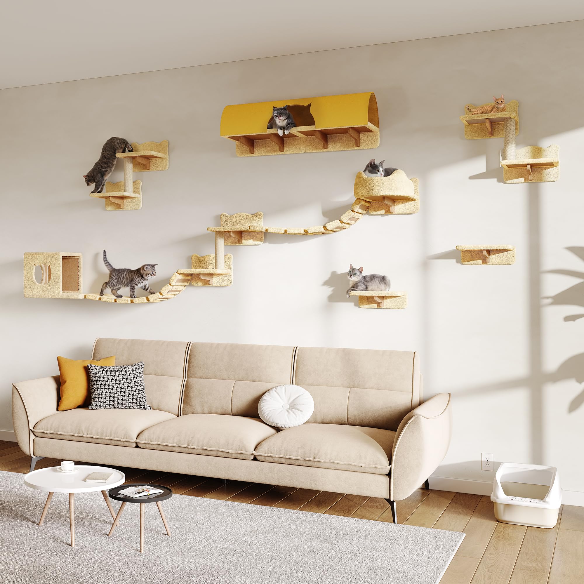 Homiflex 16-in-1 Cat Wall Shelves, Wall Mounted Cats Furniture Set w/Plush Fabric, Cat Climbing Wall Systems, Cats Shelf with 40