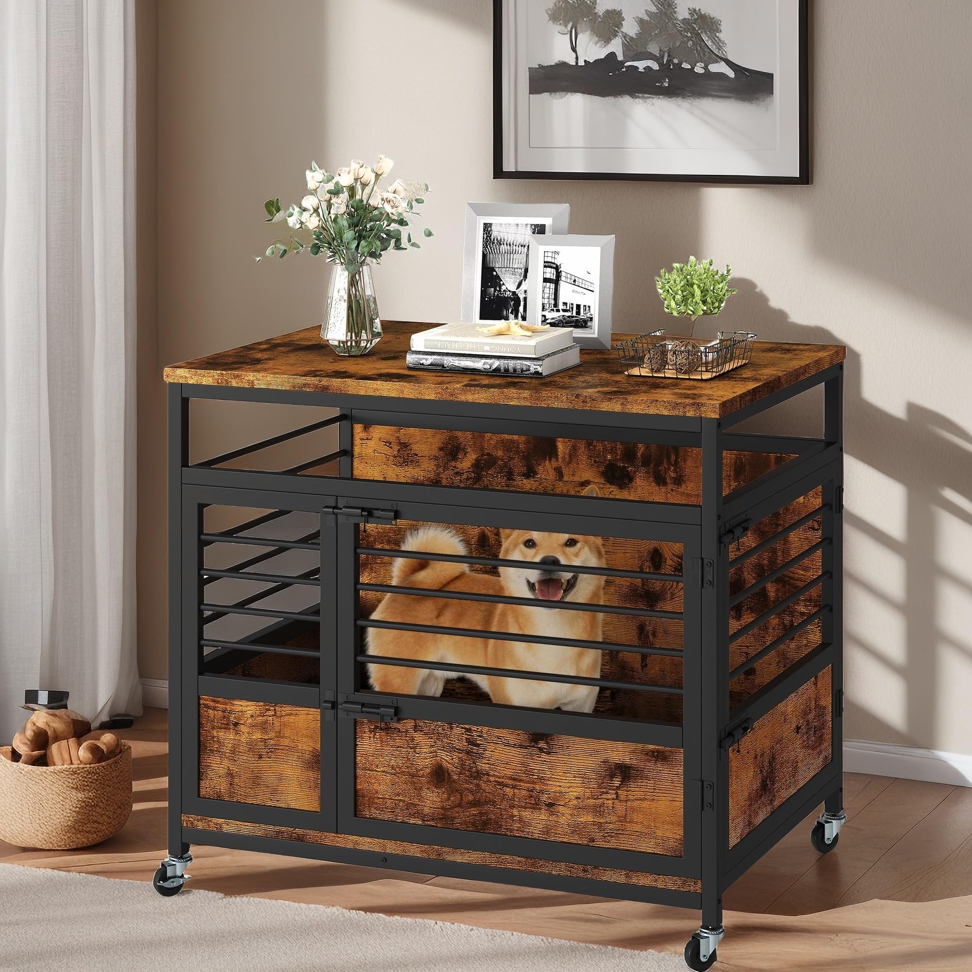 YITAHOME 32 Dog Crate Furniture with Wheels, Farmhouse Decorative Wood Dog Cage End Table Chew-Resistant Wooden Dog Kennel Indoo
