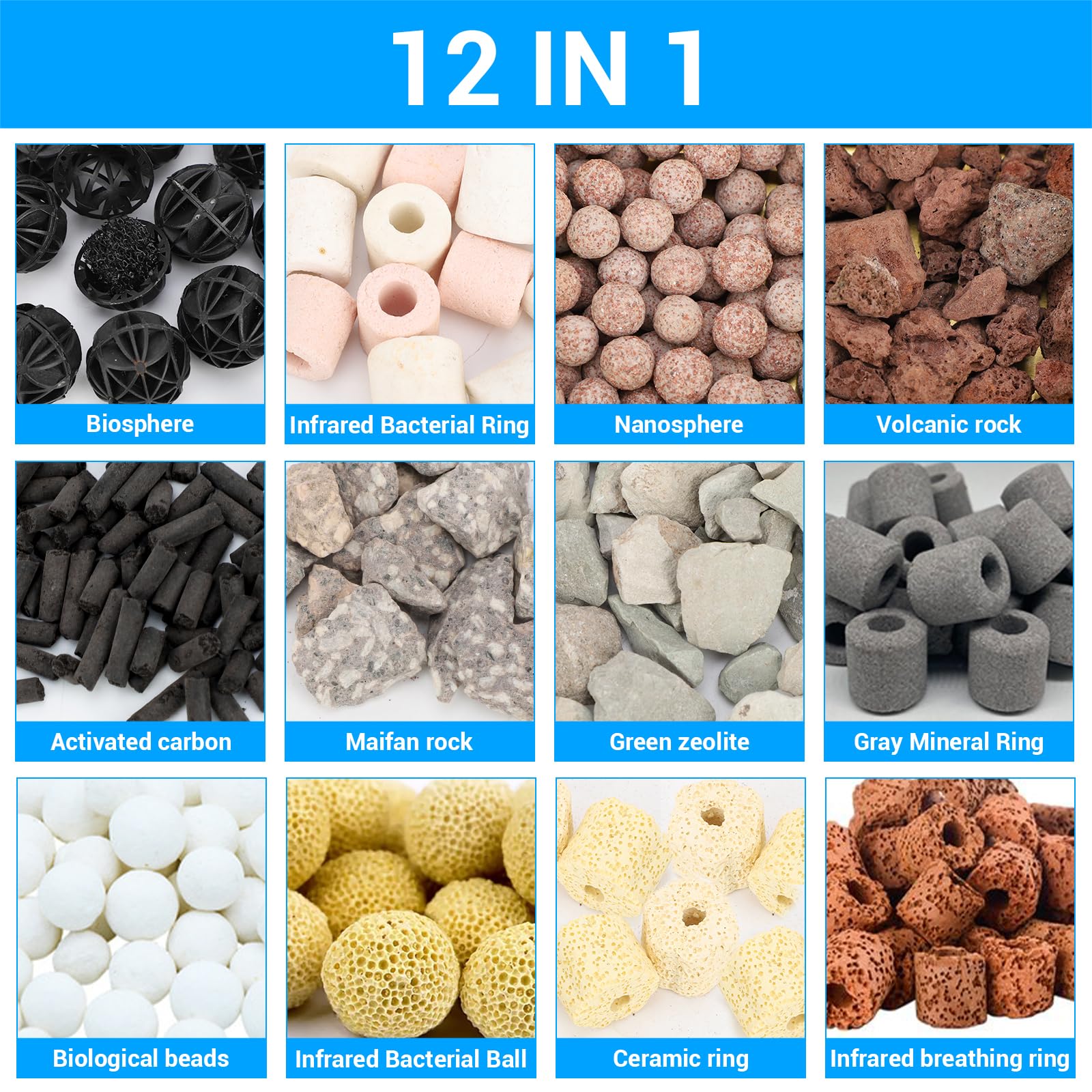 Segarty Filter Media,12 In 1 Bio Media For Aquarium Sump Filter Ceramic Rings Activated Carbon Bio Balls Freshwater Marine Biolo