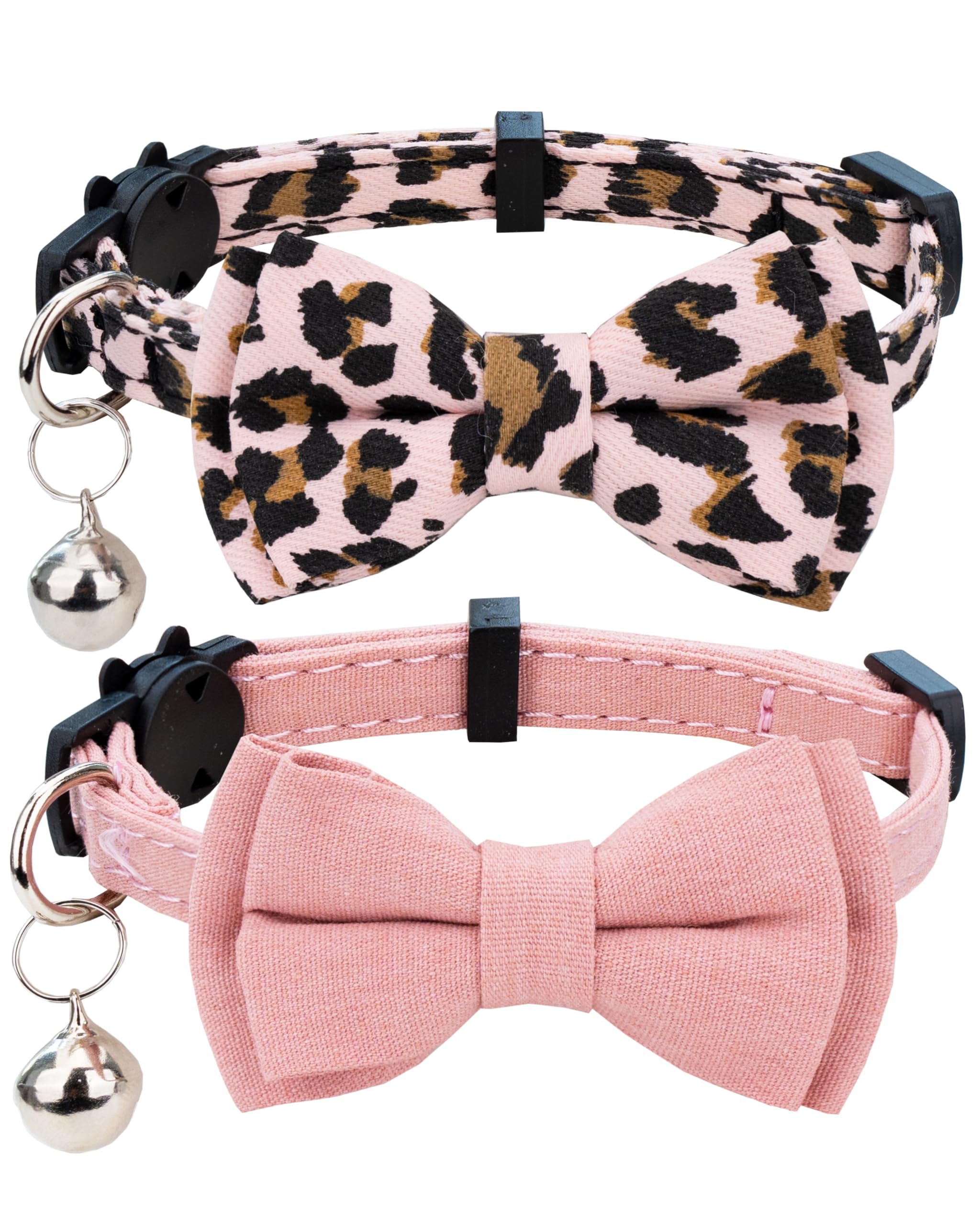 Gyapet Collar For Cats Pets Breakaway With Bell Bowtie Floral Bow Detachable Adjustable Safety Puppy 2Pcs Pink Leopard & Pure