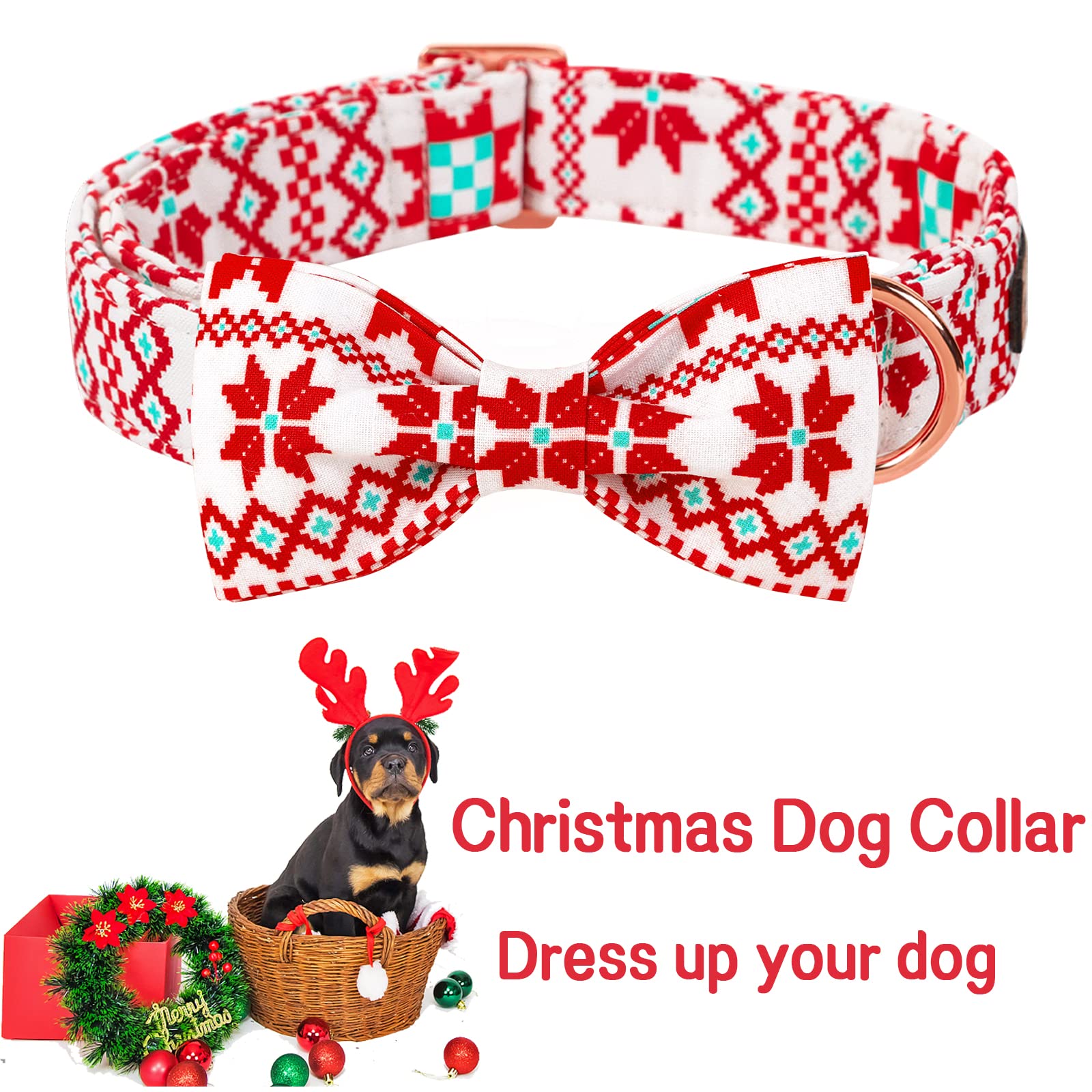 Unique Style Paws Christmas Dog Collar With Bow Tie Red White Grid Cotton Collar Adjustable Puppy Plaid Collar For Small Medium Large Dogs-Xs