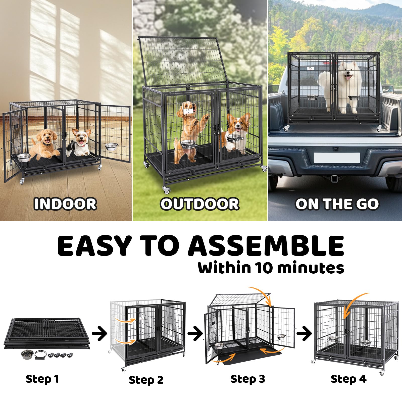 Homey Pet 43 Inch Two Tiers Dog Crate Cage Kennel With Divider, Stackable Heavy Duty Dog Crate For Large Dogs, Escape Proof Inde