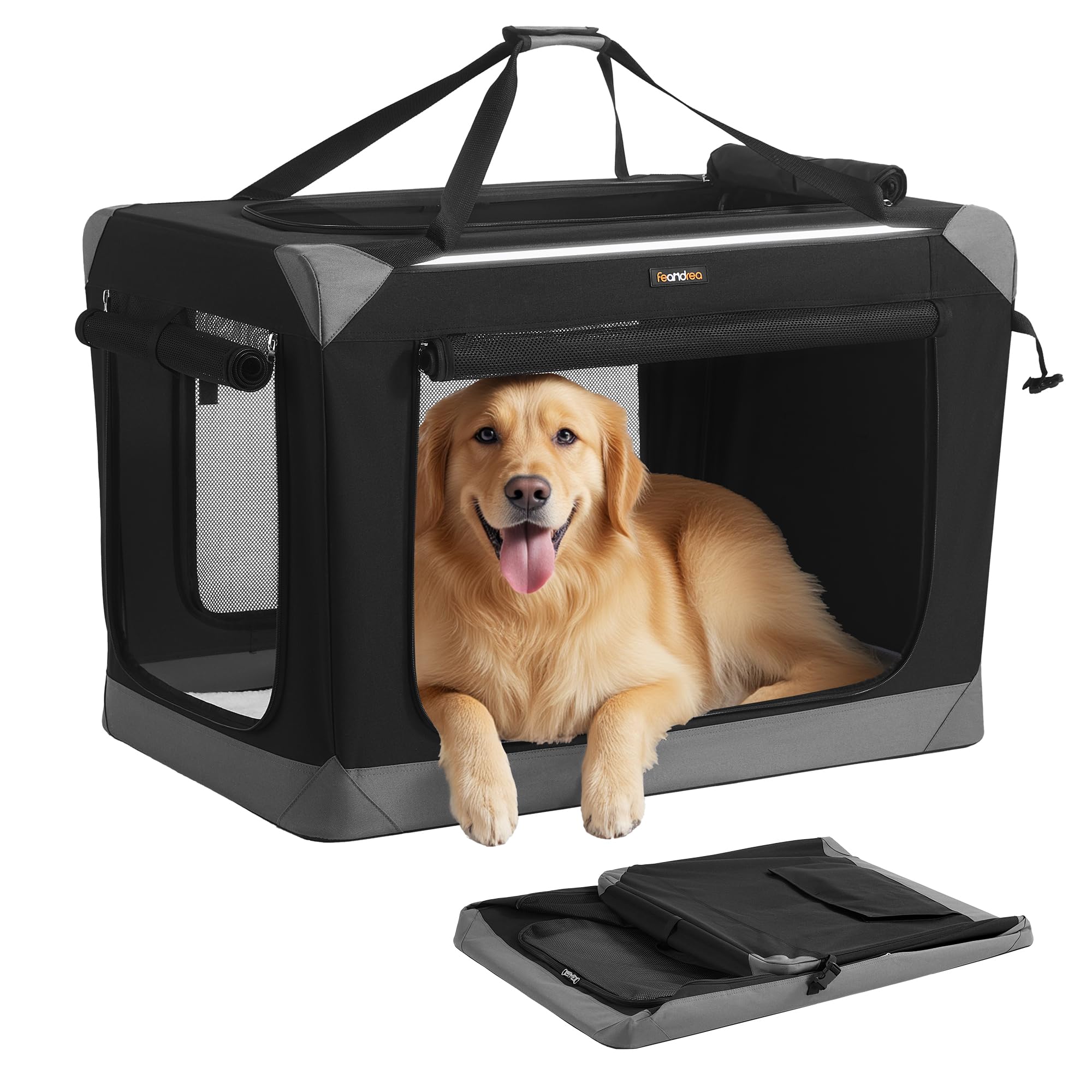 Feandrea Collapsible Dog Crate, Portable Oxford Fabric Pet Travel Crate with 4 Mesh Doors, Handles, Pocket, 36 Inches, for Large