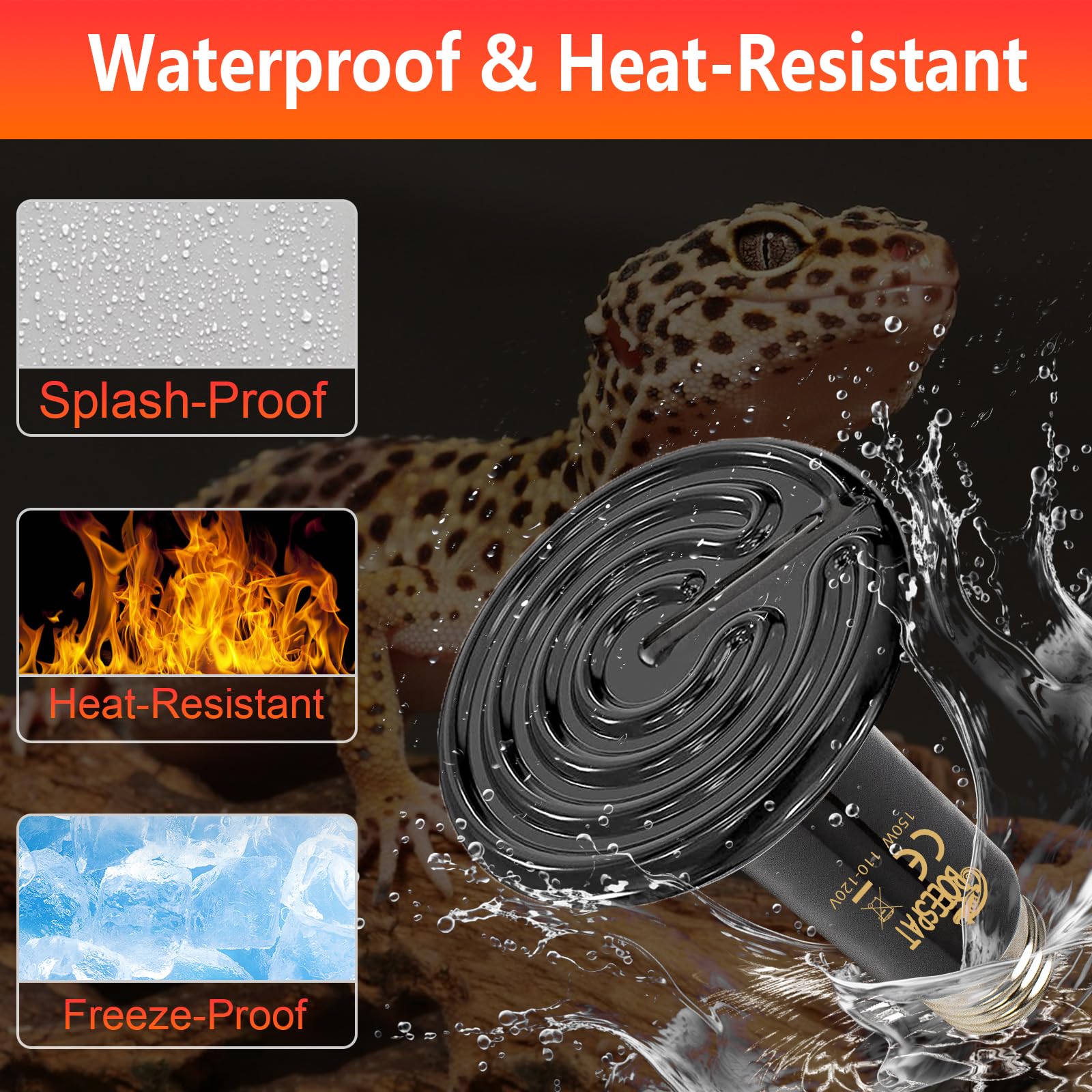 Boeespat High Efficiency 150W Reptile Heat Lamp Bulbs, Pack Of 2 Ceramic Heat Emitters For Reptile Geckos, Lizard, Iguana, Bearded Dragon & Pets Basking (Black, 150 Watts)