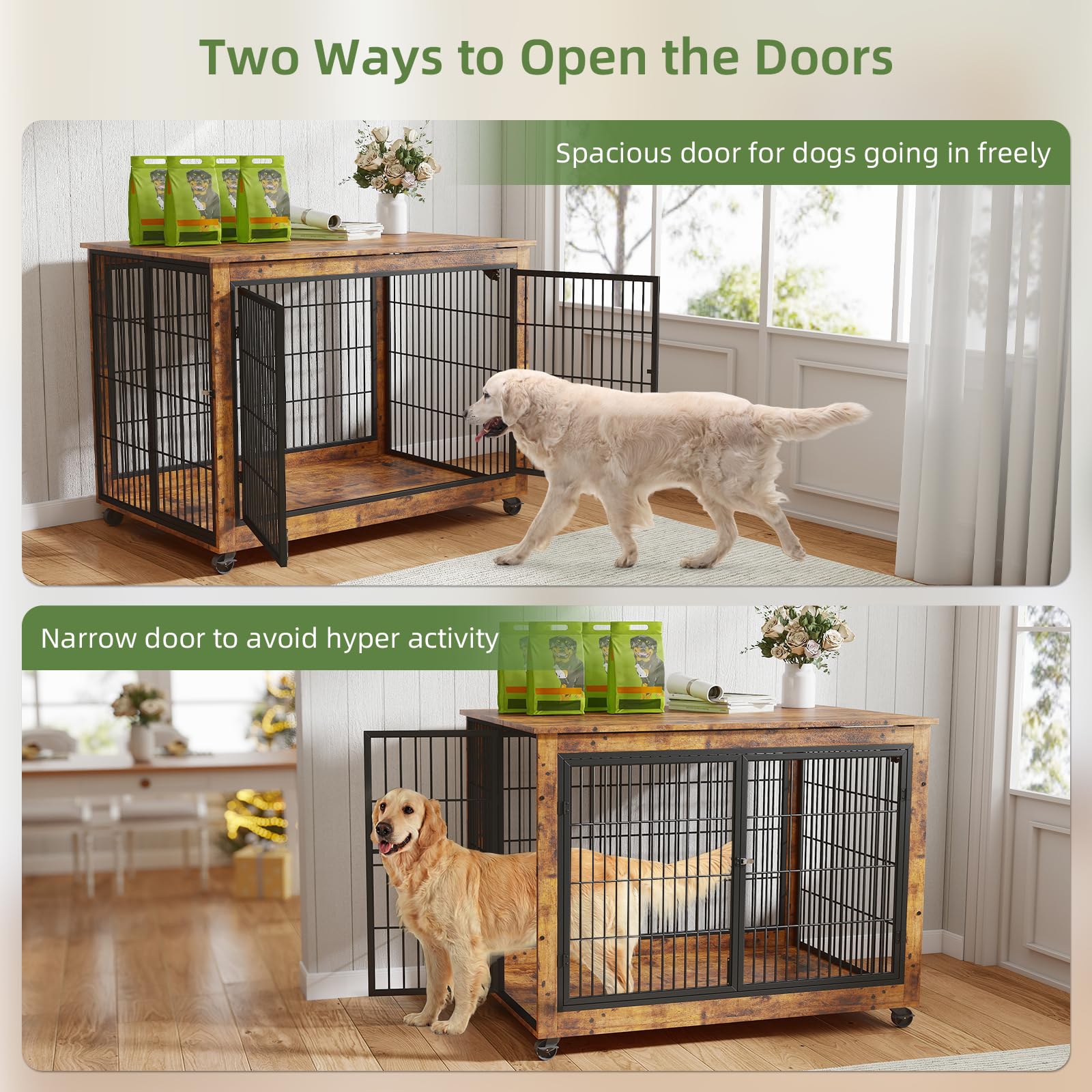 Yafylly 43 Movable Extra Large Dog Crate, Wooden Furniture Dog Crate with Top Access for Teasing/Feeding, 4 Rotating Wheels, Hea