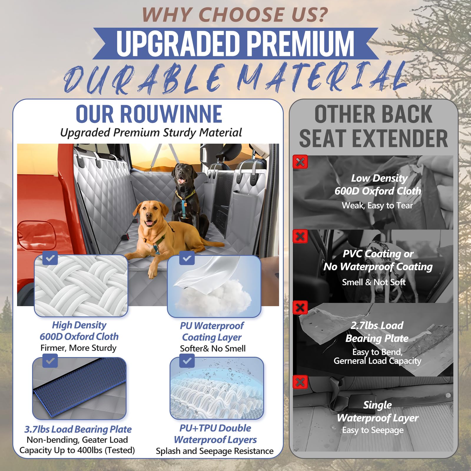 Rouwinne Back Seat Extender For Dogs Truck-Large Space, Truck Dog Car Seat Cover For Back Seat Hard Bottom Holds 400Lbs, Sturdy Pet Seat Covers For Trucks, Waterproof Backseat Dog Hammock For Truck