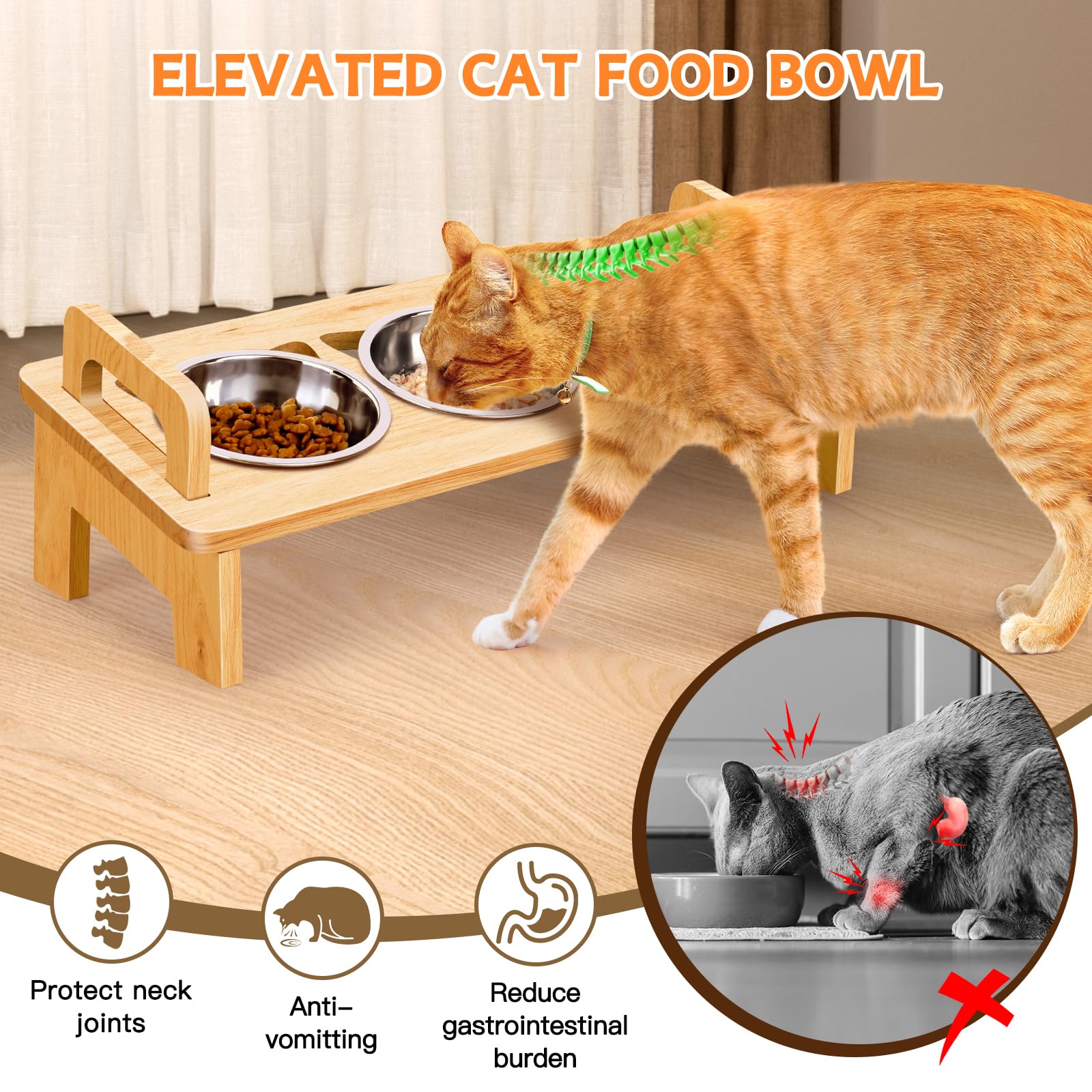 Woodever Elevated Cat Bowls Set - 3 Stainless Steel Raised Feeding Bowls, 15° Tilt, Natural Wood Finish, Anti-Vomiting, Dishwasher Safe