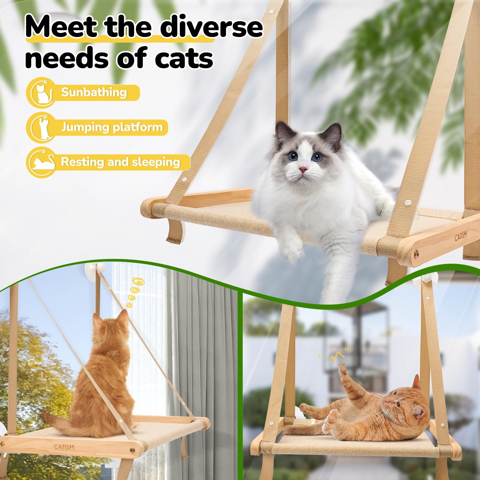 CATISM Cat Window Perch - Hammock - Window - Seat - Home - Cat Bed for Small to Medium Indoor Cats, Wooden Solid Structure, 4 Su