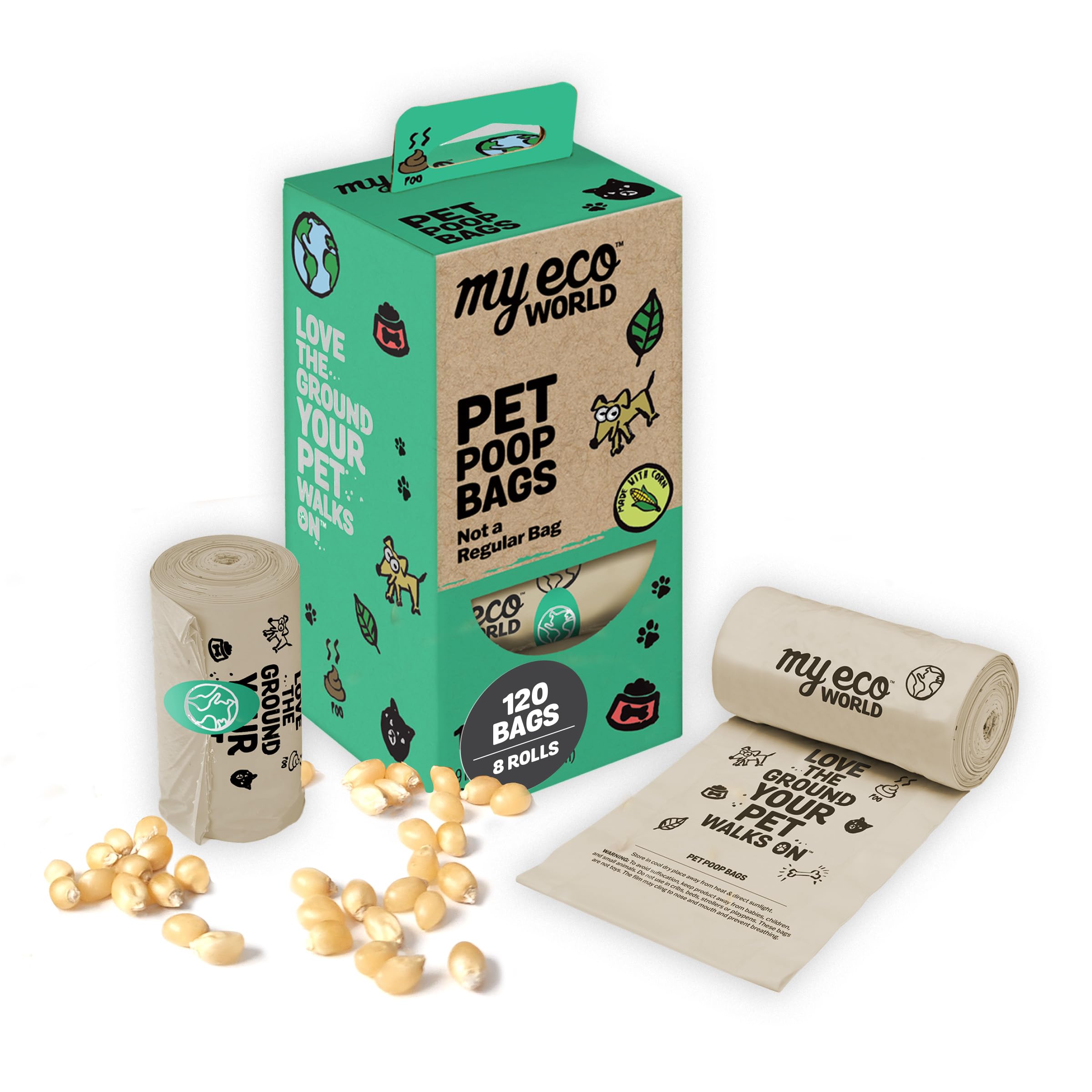 Myecoworld Compostable Pet Poop Bags - Made With Corn And Other Certified Compostable Materials - 120 Bags - 8 Roll - Extra Stro
