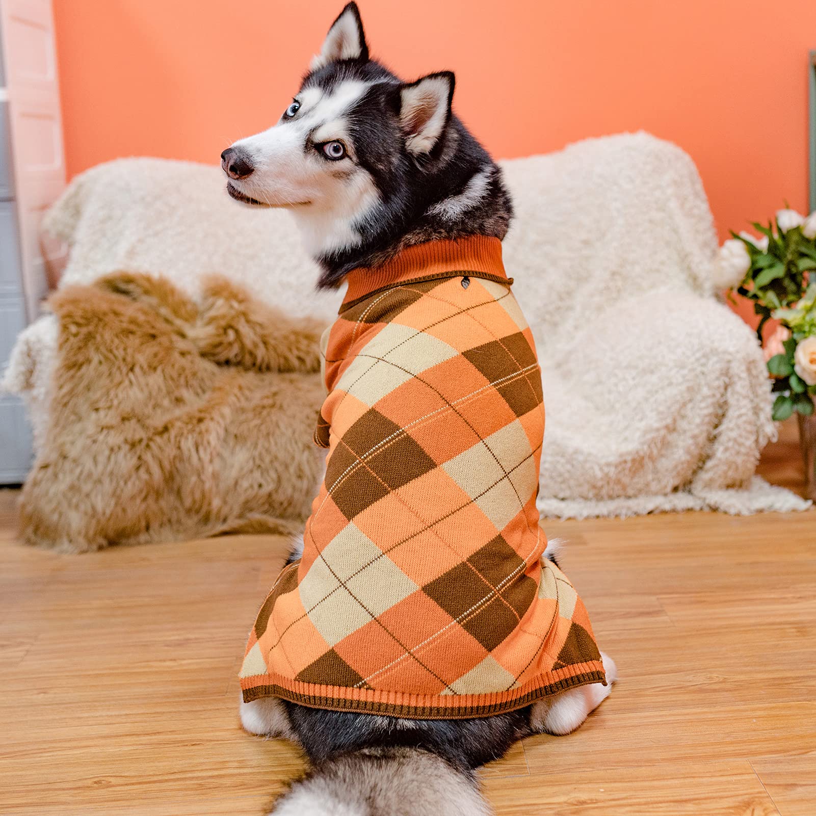 KOOLTAIL Dog Sweater Pet Knitted Clothes - Classic Plaid Pullover Turtleneck Fall Thanksgiving Dog Sweaters with Leash Hole, Thi