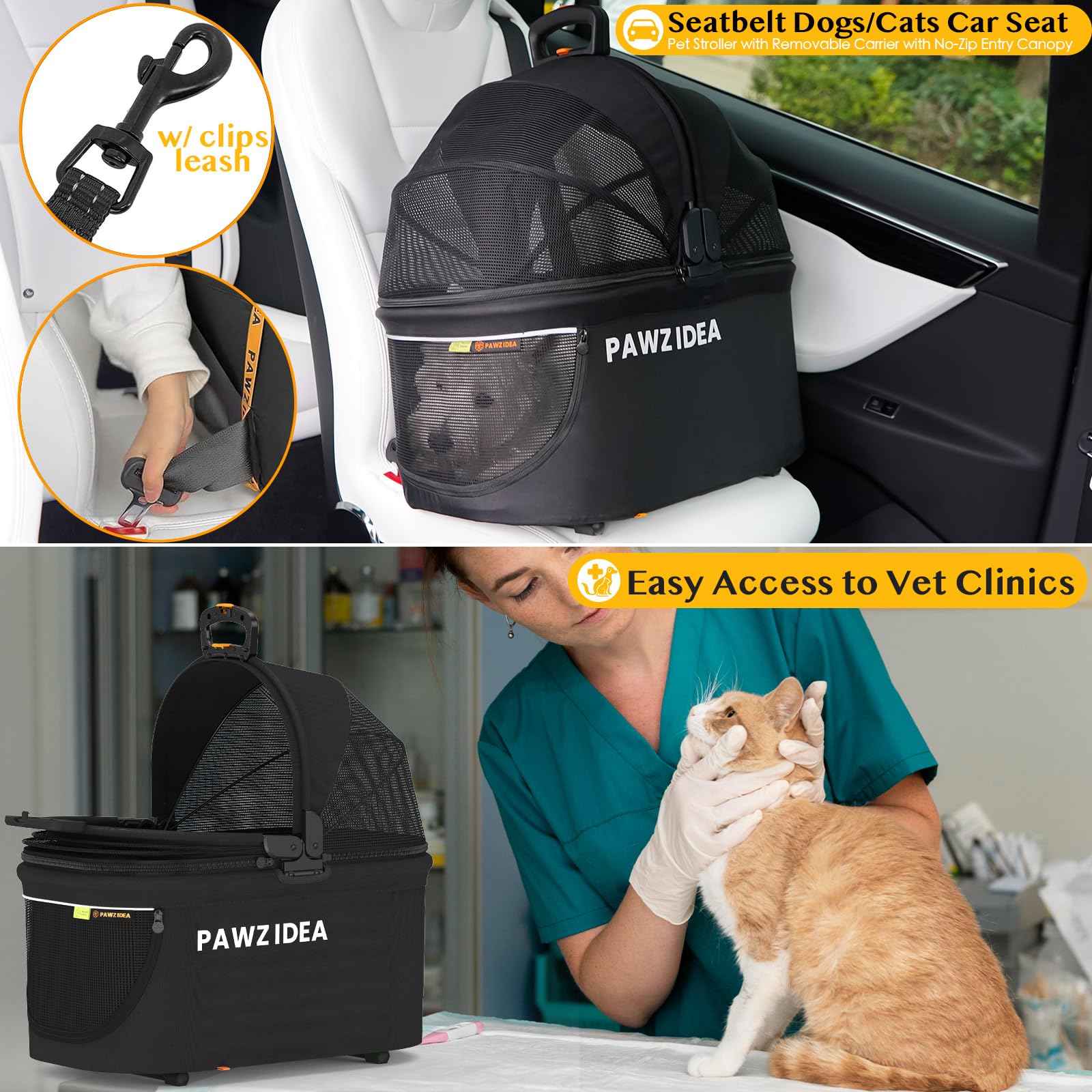 Pawzidea Double Pet Stroller With 2 Detachable Carriers, Tsa Airline Approved Cat Carrier Expandable, Seatbelt Pet Travel Car Se