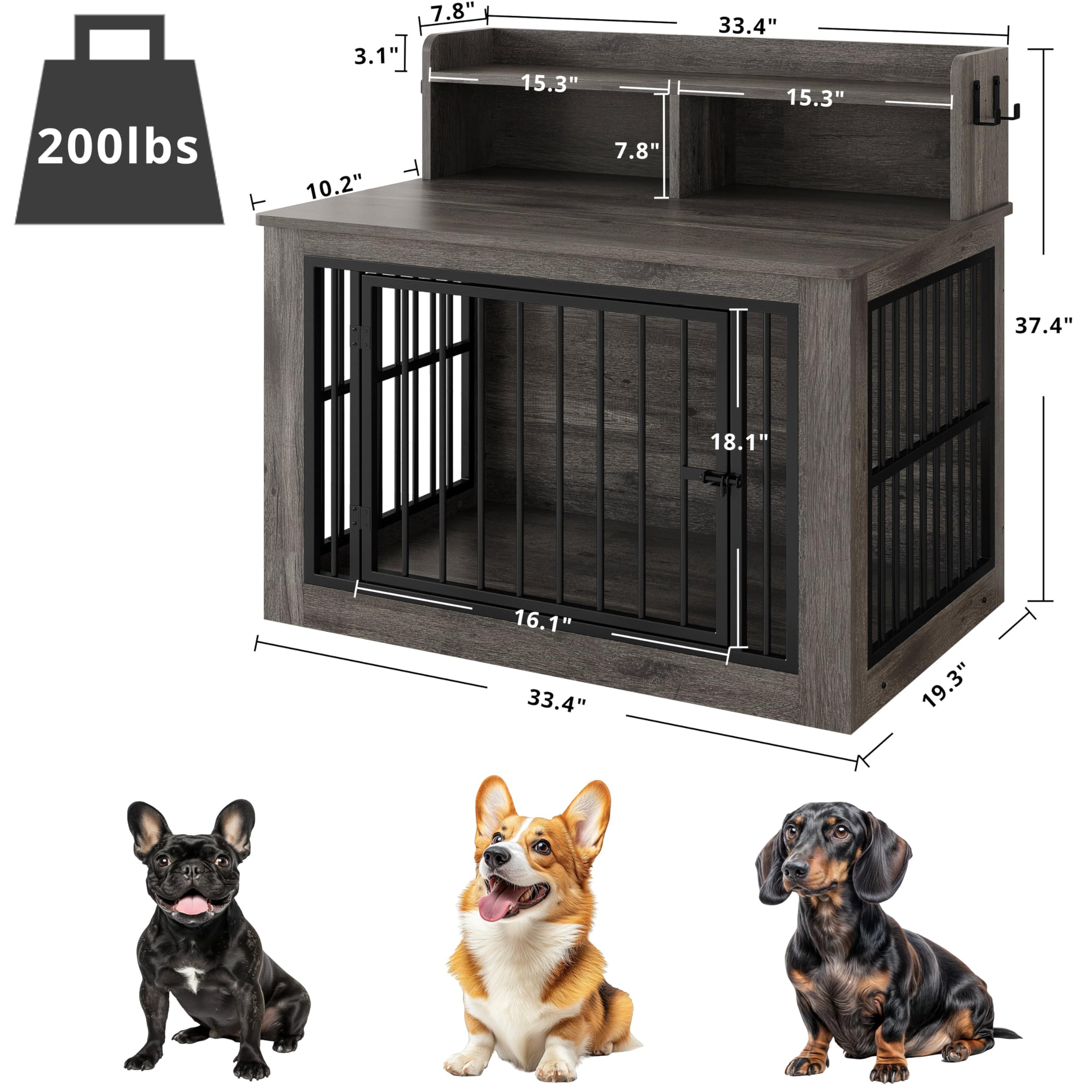 IRONCK Dog Crate Furniture, 33.4 inches Wooden Small Dog Crate with Storage and 4 Hooks, Heavy Duty Pet Crate for Small Dog, Dec