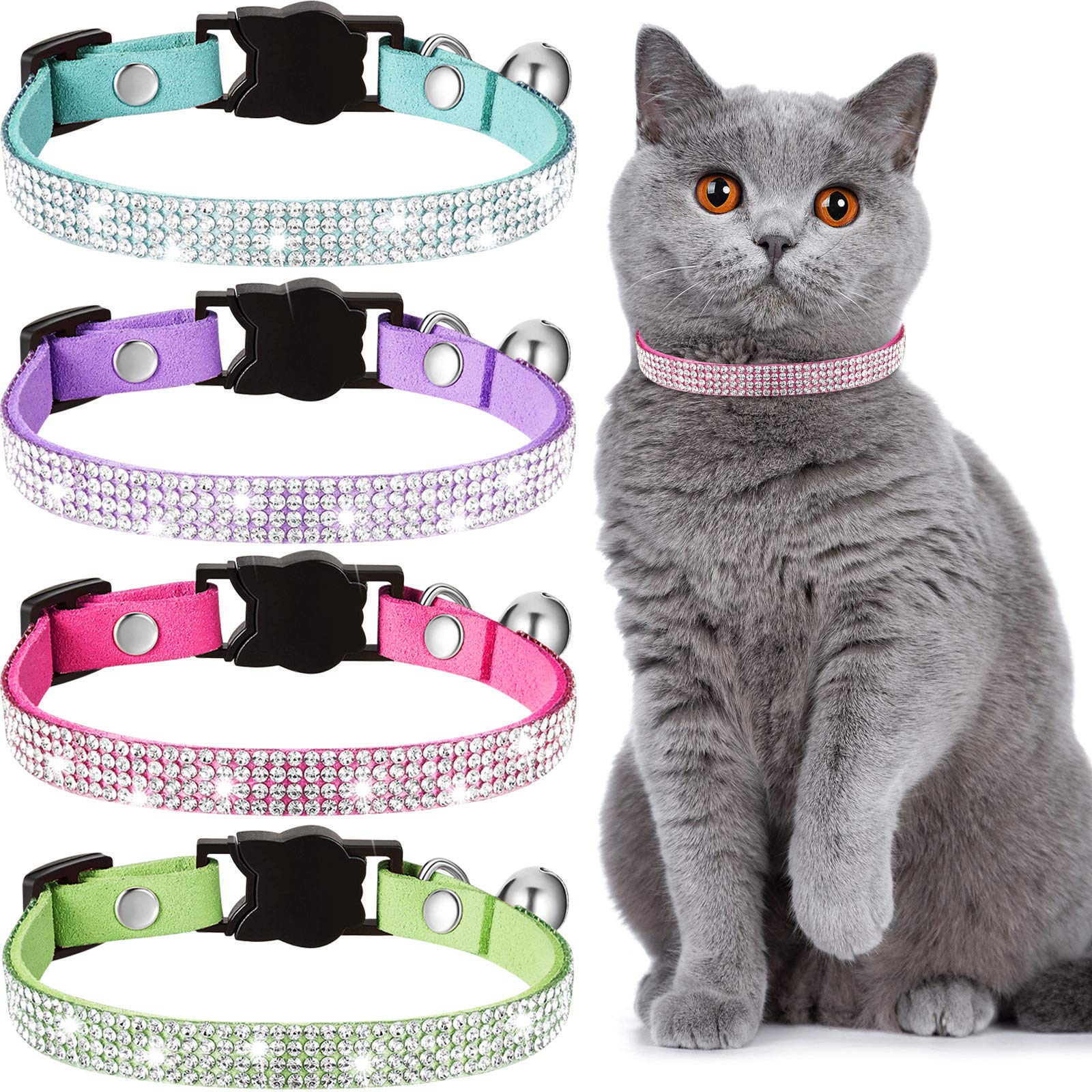 Weewooday 4 Pieces Rhinestones Cat Collars Breakaway Cat Collar With Bell Bling Pet Accessories With Soft Velvet, 4 Colors(Xs,Light Green, Light Blue, Light Purple, Rose Red)