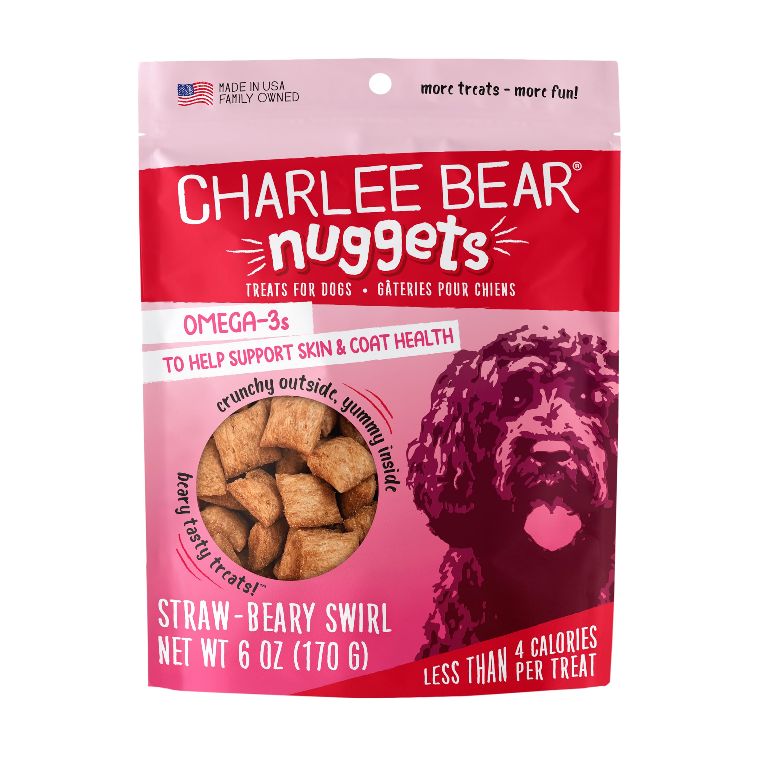 Charlee Bear Nuggets Crunchy and Soft Dog Treats, Strawbeary Swirl, 6 Ounce Resealable Bag, Skin and Coat Support, Grain Free, L