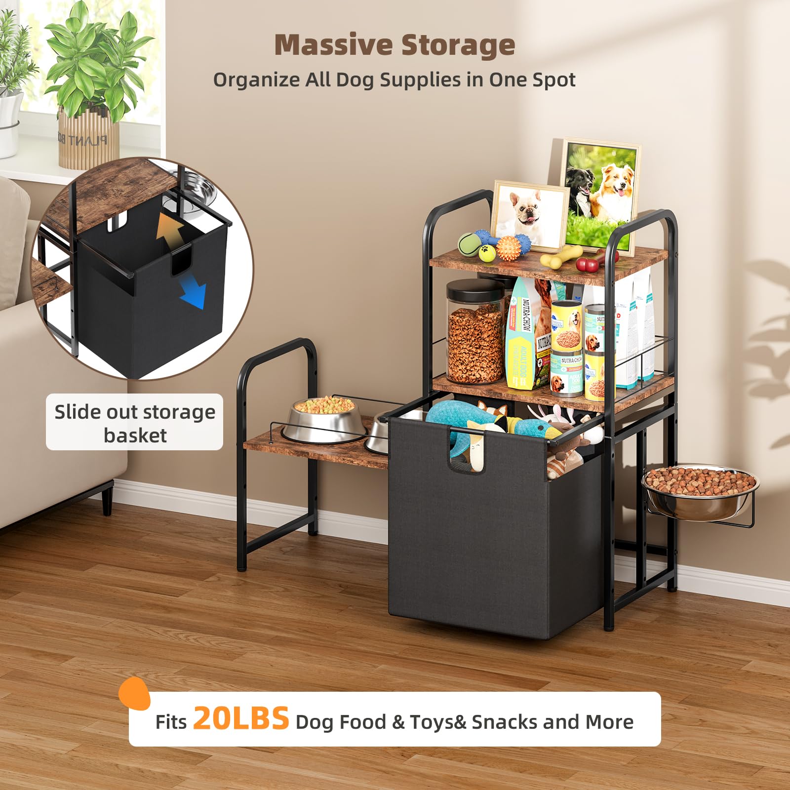 Dog Feeding Station With Single Bowl And Storage Basket, Litail Elevated Dog Bowls For 3 Bowls, 4 Height Adjustable Raised Bowl