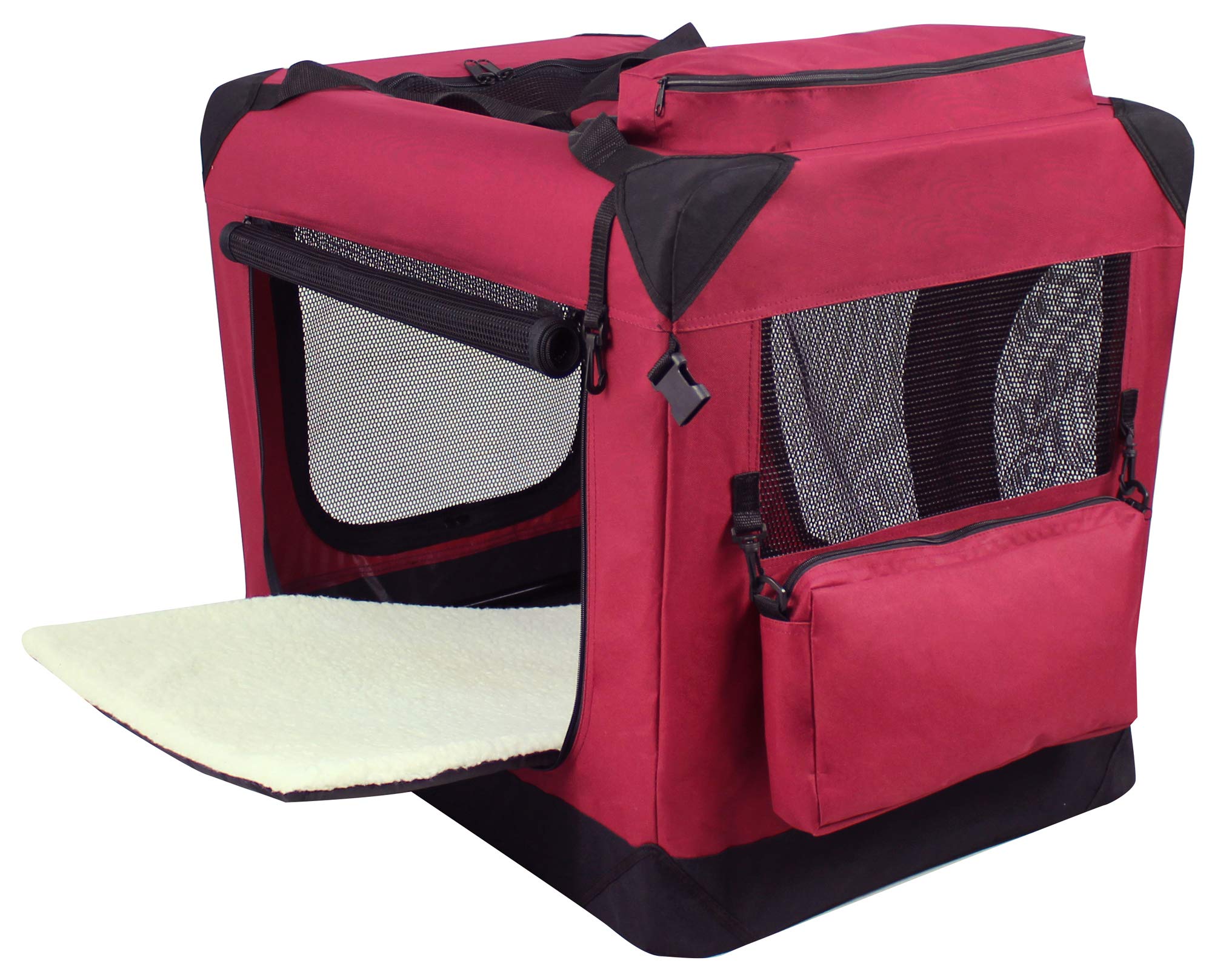 Elitefield 3-Door Folding Soft Dog Crate With Carrying Bag And Fleece Bed (2 Year Warranty), Indoor & Outdoor Pet Home (36' L X 24' W X 28' H, Maroon)