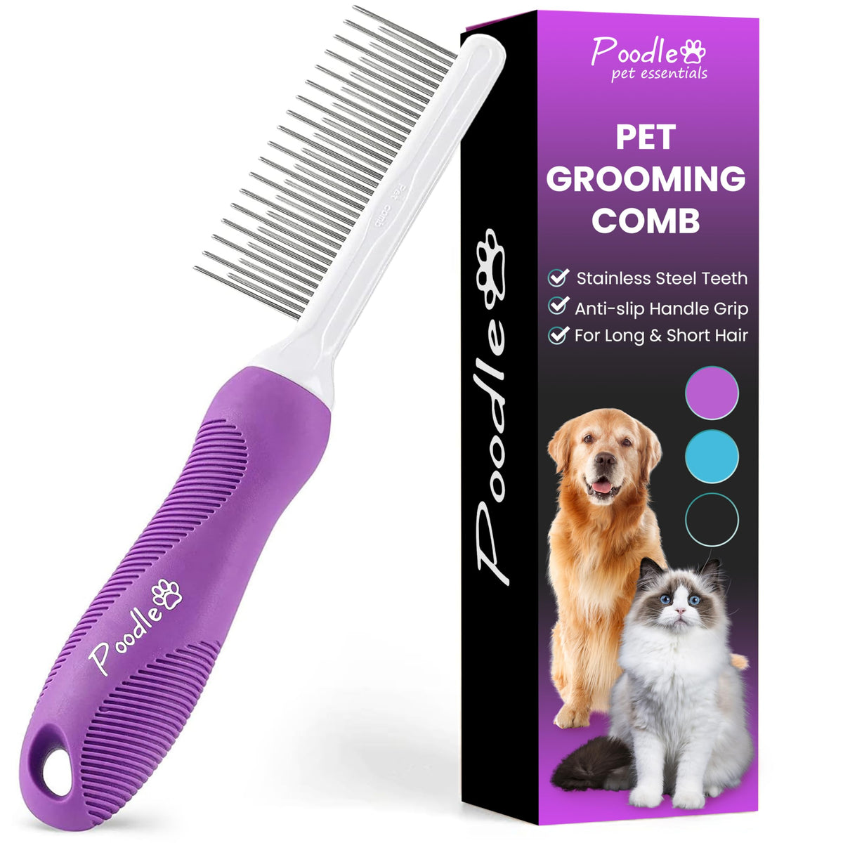 Poodle Pet Detangling Pet Comb With Long & Short Stainless Steel Teeth For Removing Matted Fur, Knots & Tangles – Detangler Tool Accessories For Safe & Gentle Diy Dog & Cat Grooming