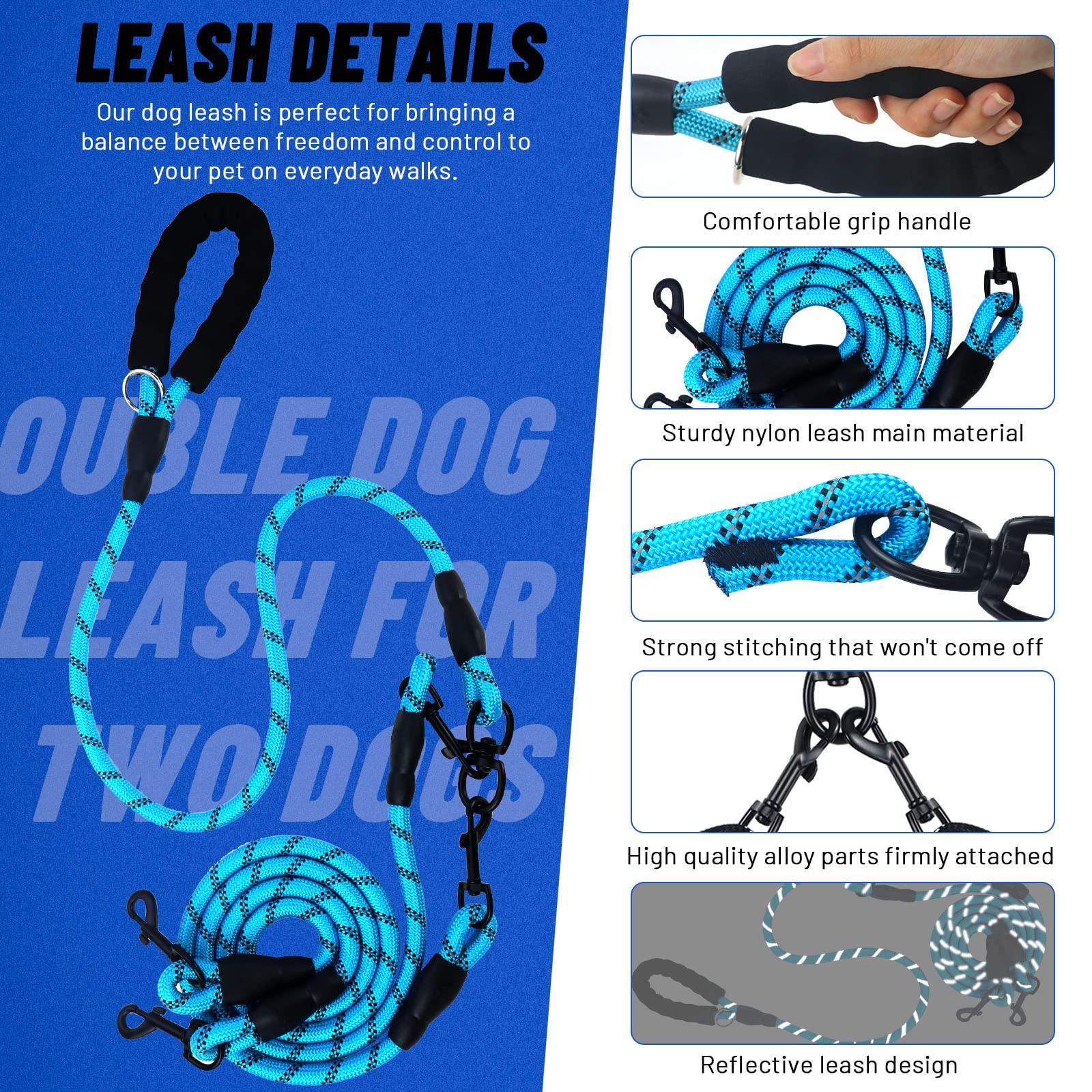 Lele Life Double Dog Leash For Two Dogs, Heavy Duty Reflective Double Leashes For 2 Dogs, 360° Swivel Dual Dog Leash Tangle Free Large Dogs & Medium Dogs, With 2Pcs Dog Poop Bag Holder, Blue