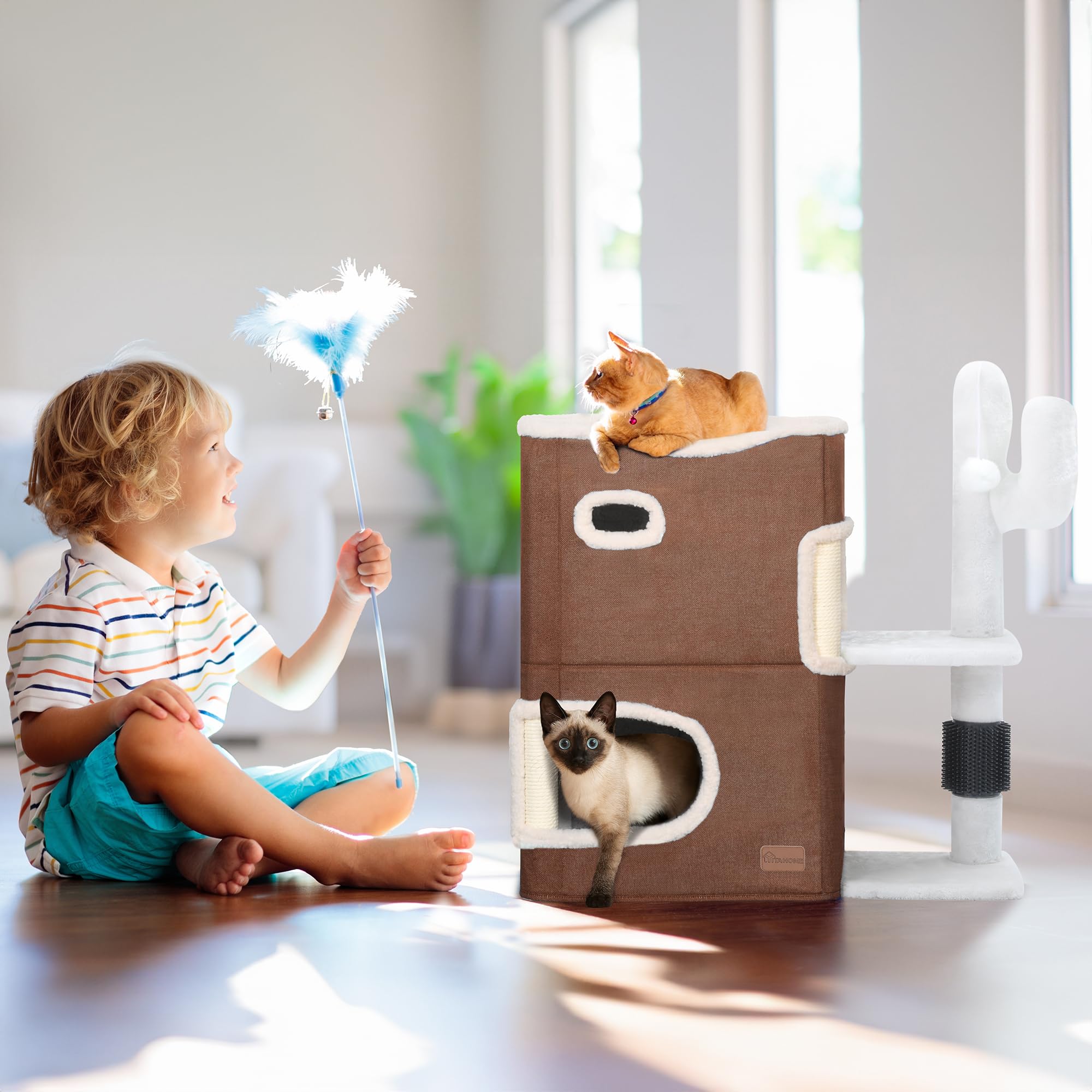 YIATHOME 2-Tier Cat House, Cat Beds for Indoor Cats, Small Cat Condo with Highway Cave, Scratch & Itching Post, Clmibing Stand,