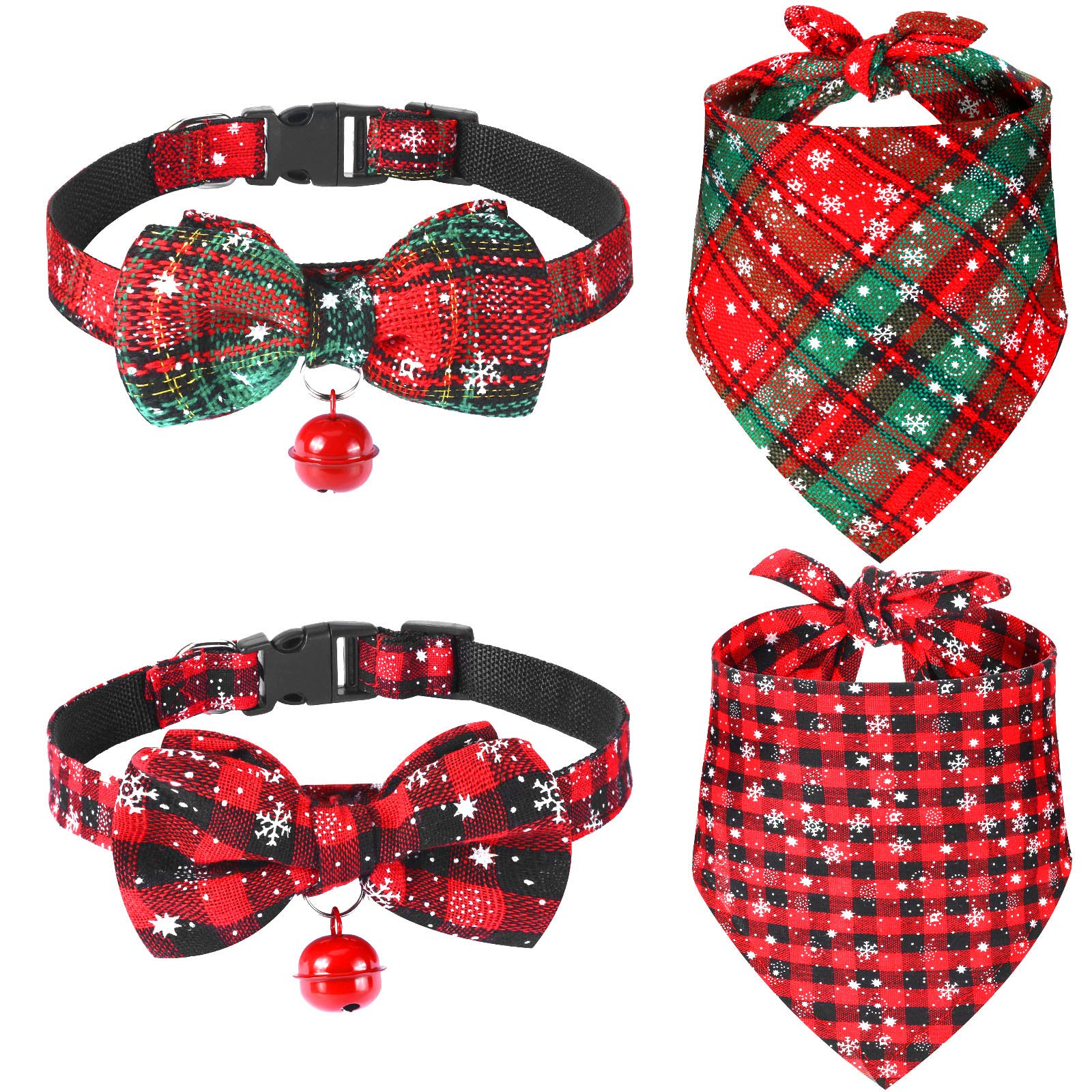 4 Pieces Christmas Dog Bandanas and Collars Set Xmas Christmas Classic Plaid Dog Neck Tie Triangle Bib Scarf Kerchief Adjustable