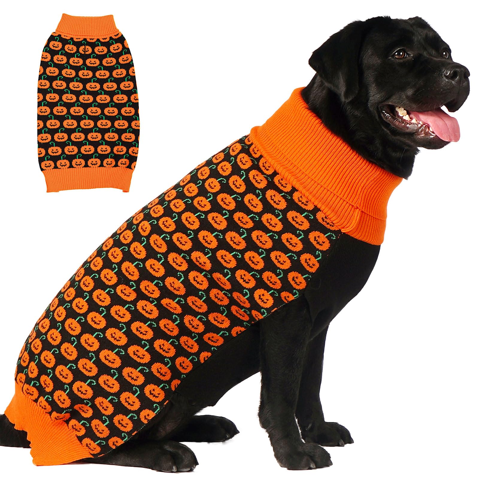 Kyeese Halloween Dog Sweater Pumpkin With Leash Hole Dog Sweater Turtleneck Dog Knitwear Warm Pet Sweater,Xxl