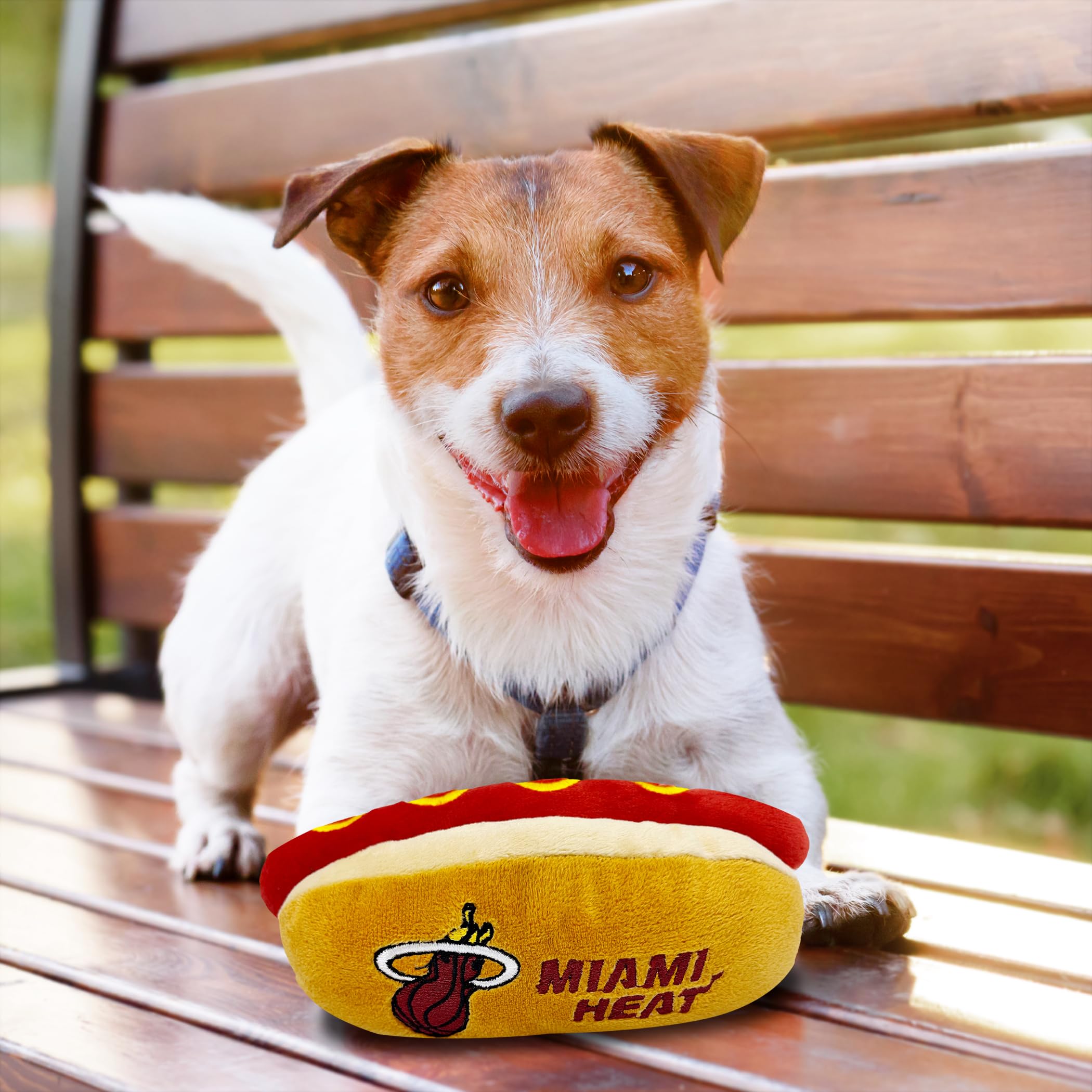 Pets First Nba Miami Heats Hot Dog Plush Dog & Cat Squeak Toy - Cutest Hot-Dog Snack Plush Toy For Dogs & Cats With Inner Squeak