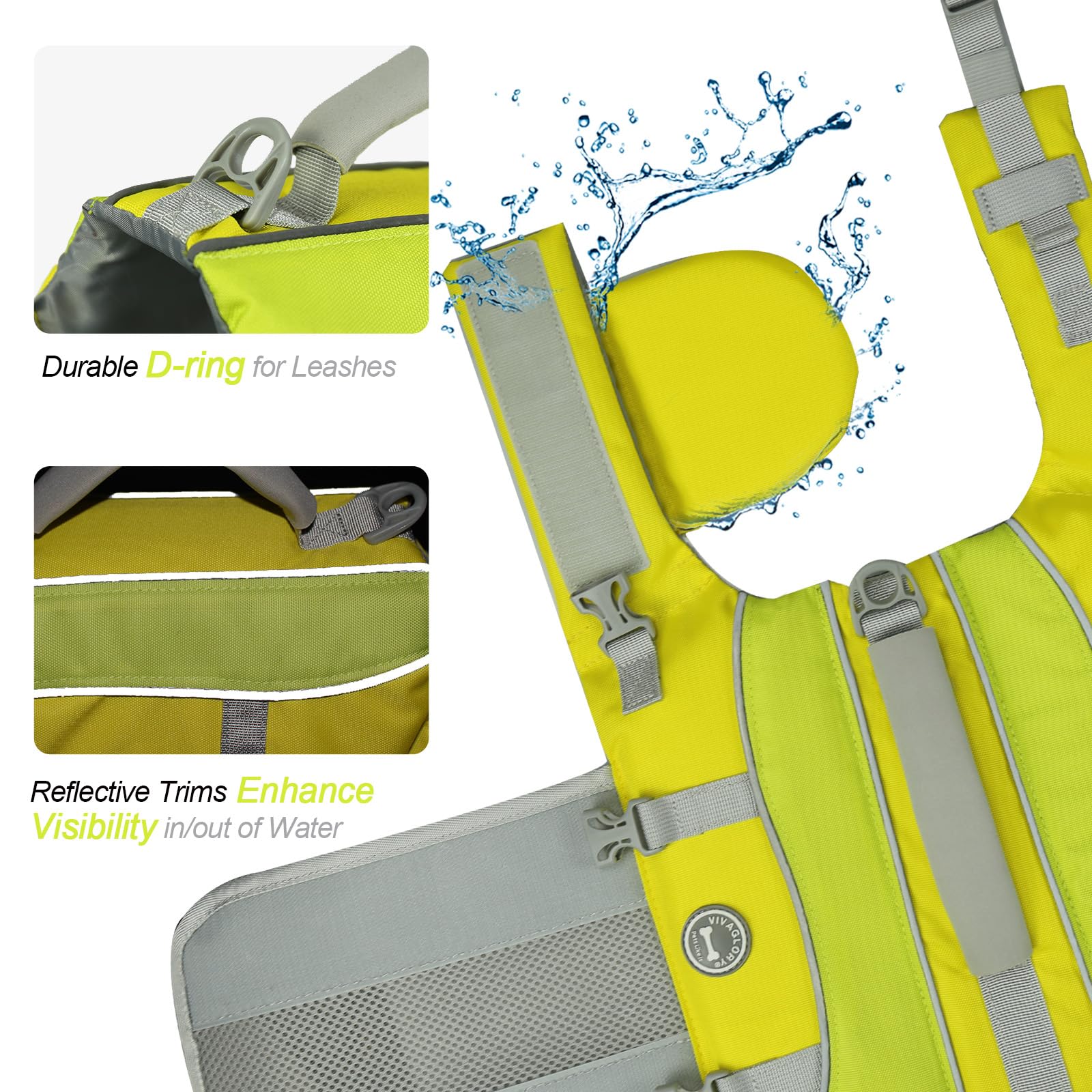 Vivaglory Dog Life Jacket With Removable Front Float, Life Vest With Reflective Trims & Extra Padding For Swimming & Boating, Yellow Grey, Xxs
