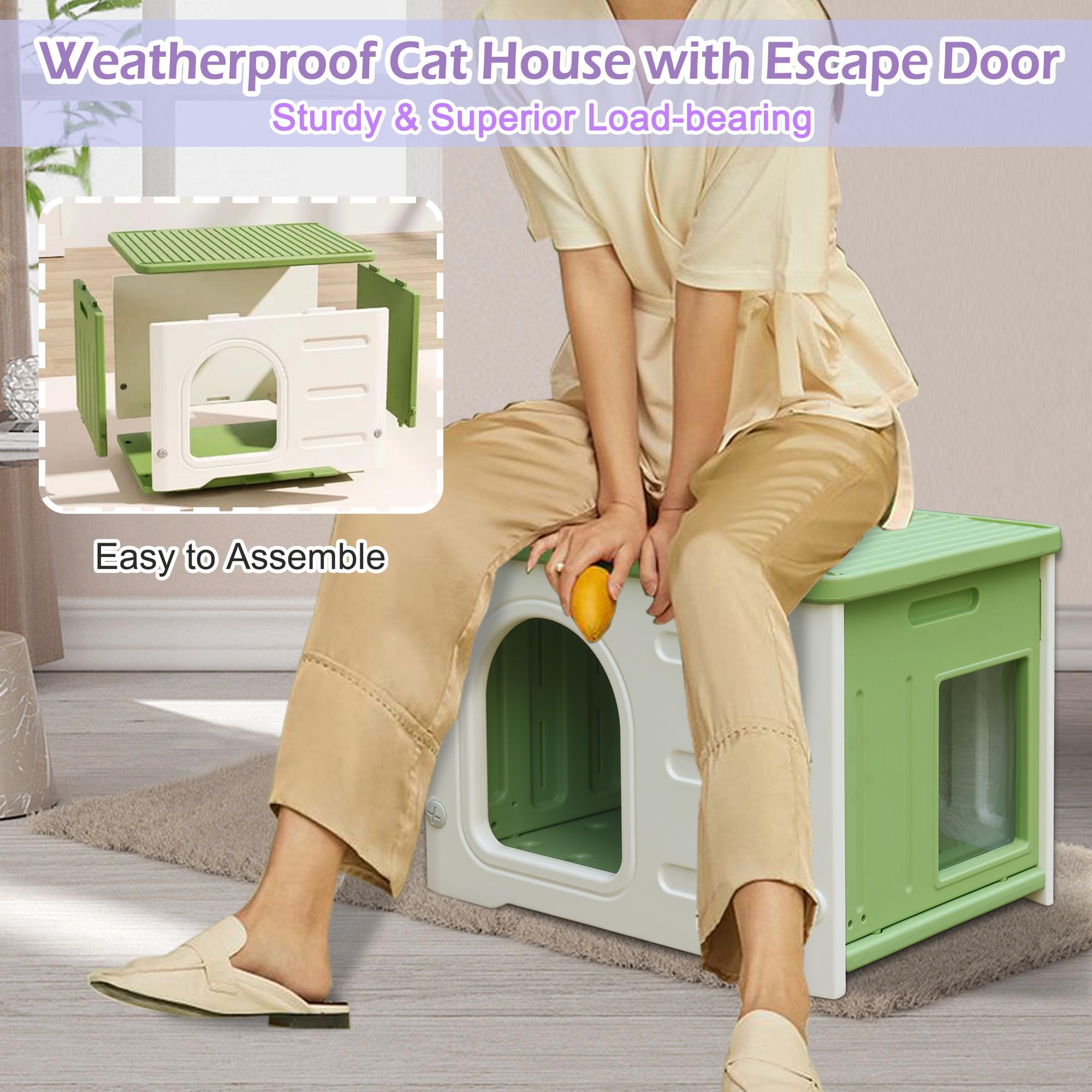 Deblue Plastic Cat House For Indoor & Outdoor, Waterproof Feral Cat House With Escape Door, Sturdy Pet Shelter For Cats, Puppy,