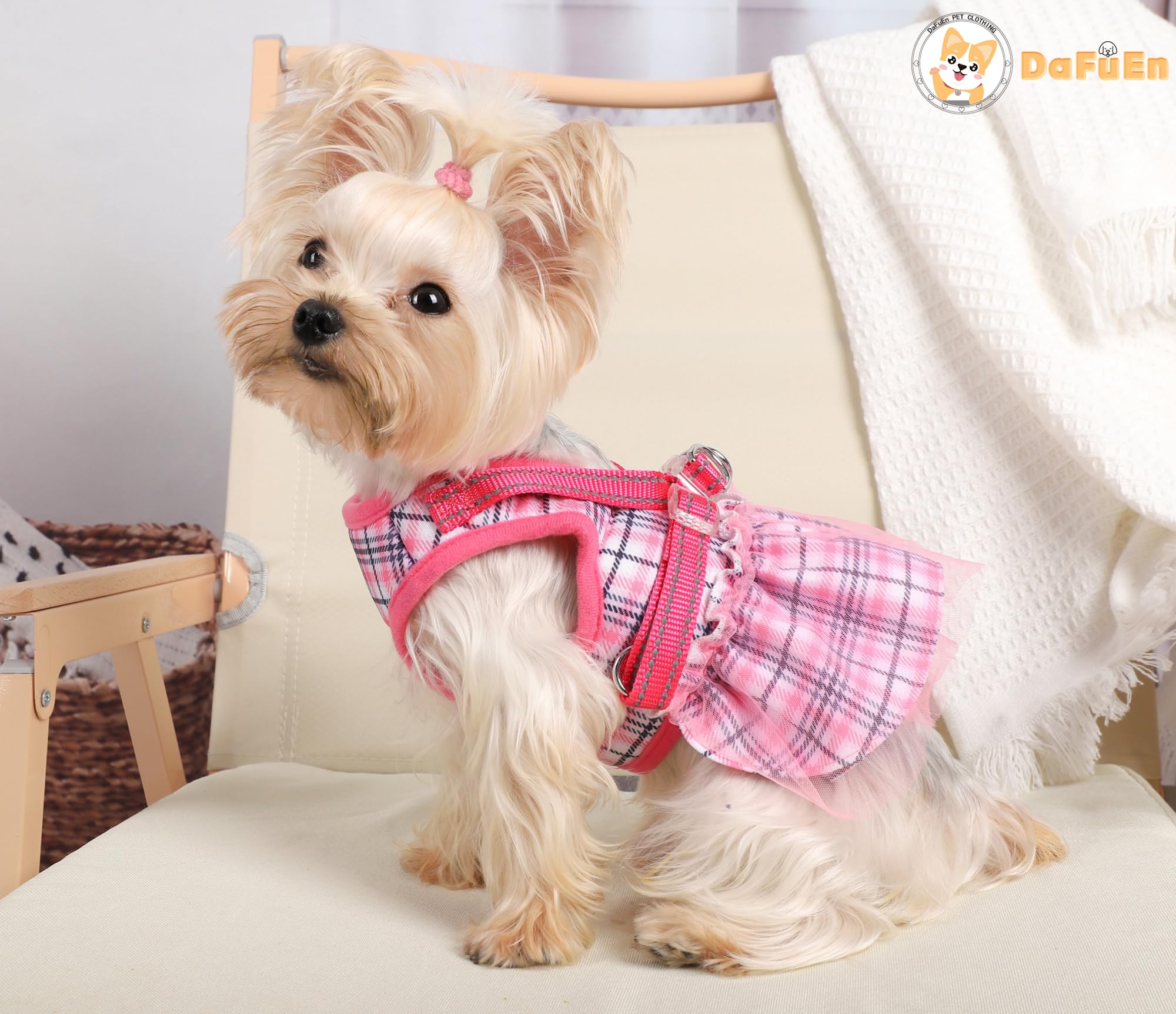 Small Dog Dress Harness Girl Female, No Pull Harnesses Outfit Apparel, Medium Summer Adjustable Puppy Plaid Skirt Vest Cat Cloth