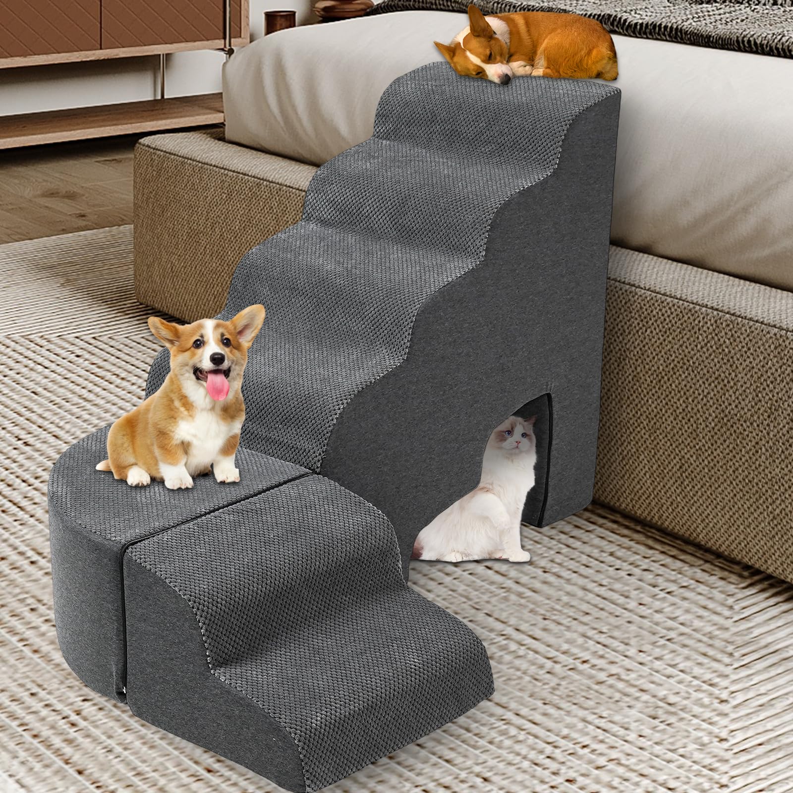 Update Stable Dog Stairs & Steps Ramps For High Beds 25-30 Inches High Tall, Litail 6 Step Pet Stairs Steps For High Beds 30 Inc
