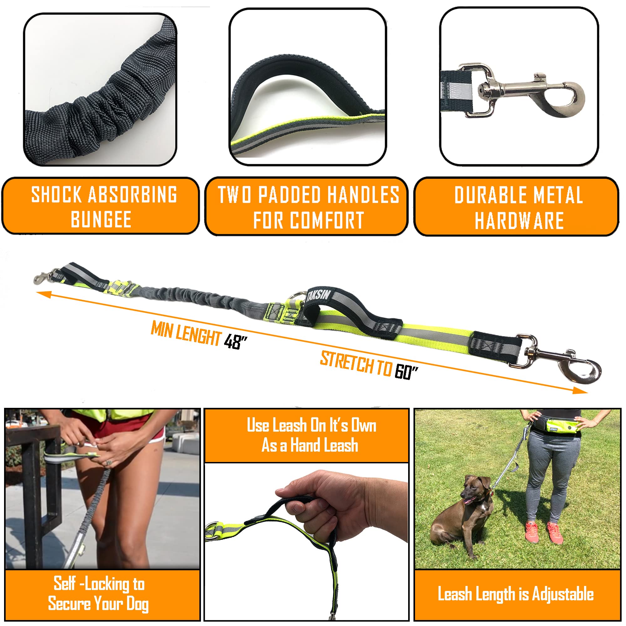 TAKSIN The Ultimate Hands Free Two Dogs Double Leash System for Walking Running Hiking Training, Reflective Bungee Leash, Treat