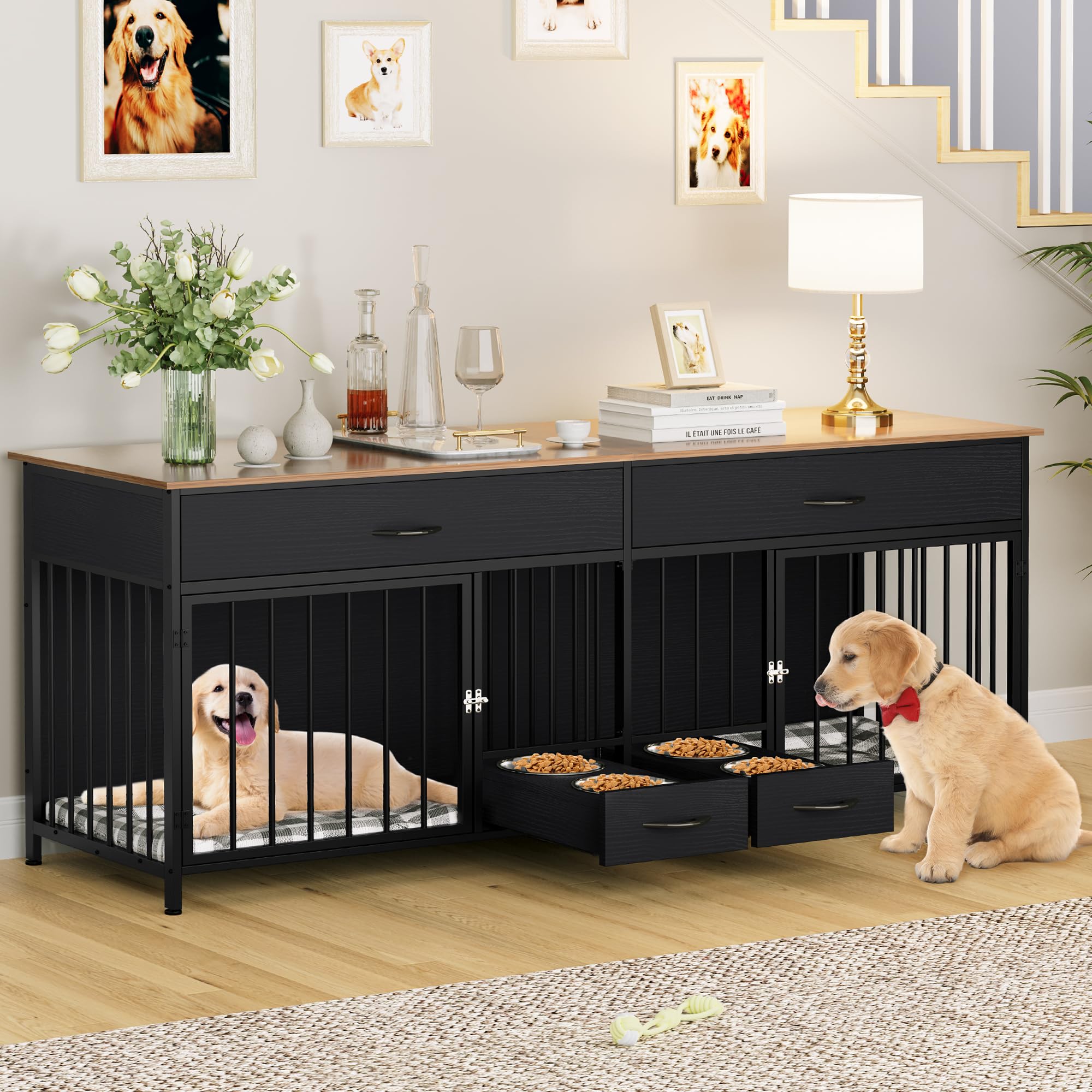 DWVO Double Dog Crate TV Stand, 74.8" Wooden Kennel with Feeder, Black, Storage for 2 Small Medium Dogs, Model MADWVg5Sqe