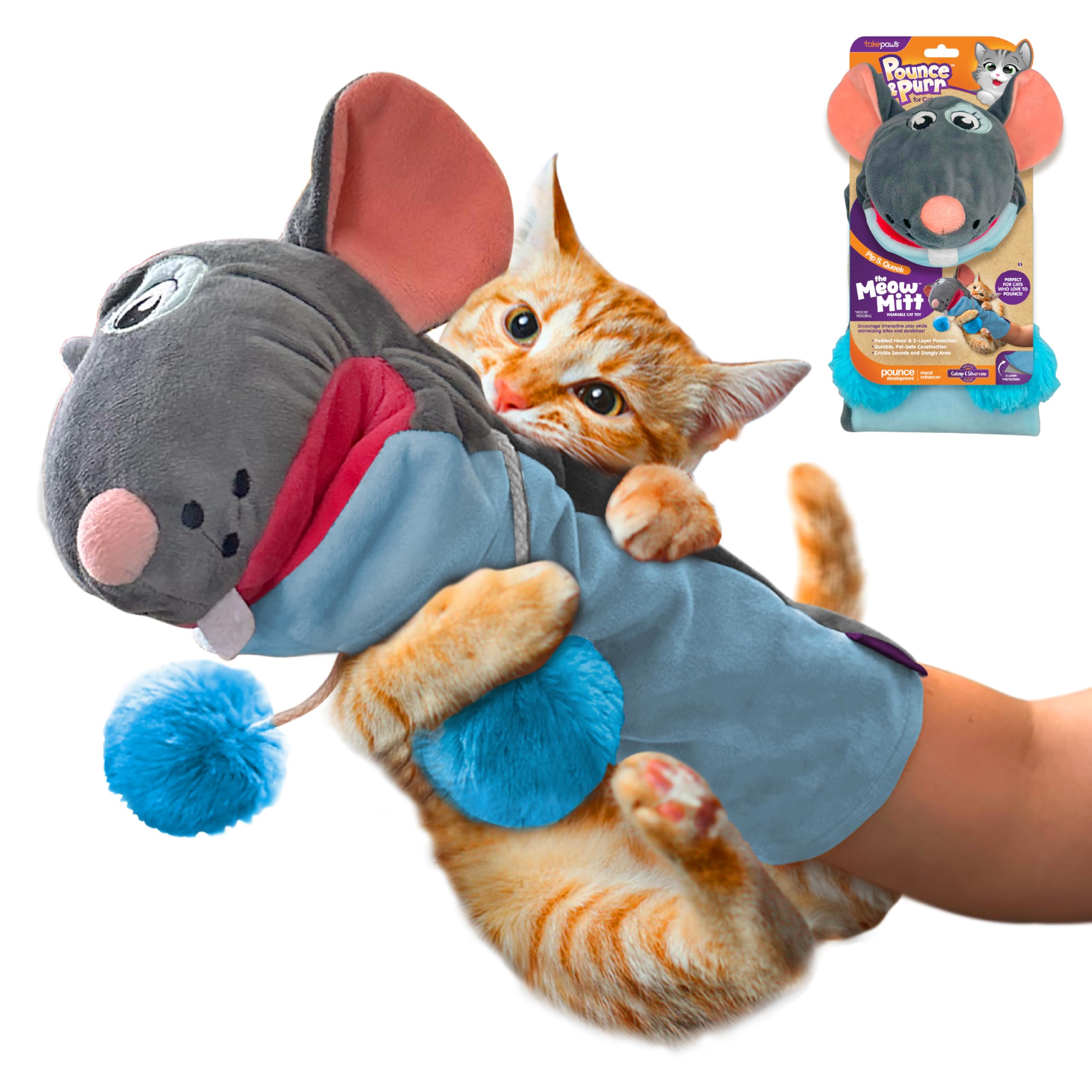Pounce & Purr Meow Mitt Wearable Cat Toy - Pip S. Queek Plush Mitten with Catnip & Silvervine, Crinkle Sounds, Dangling Arms & 2