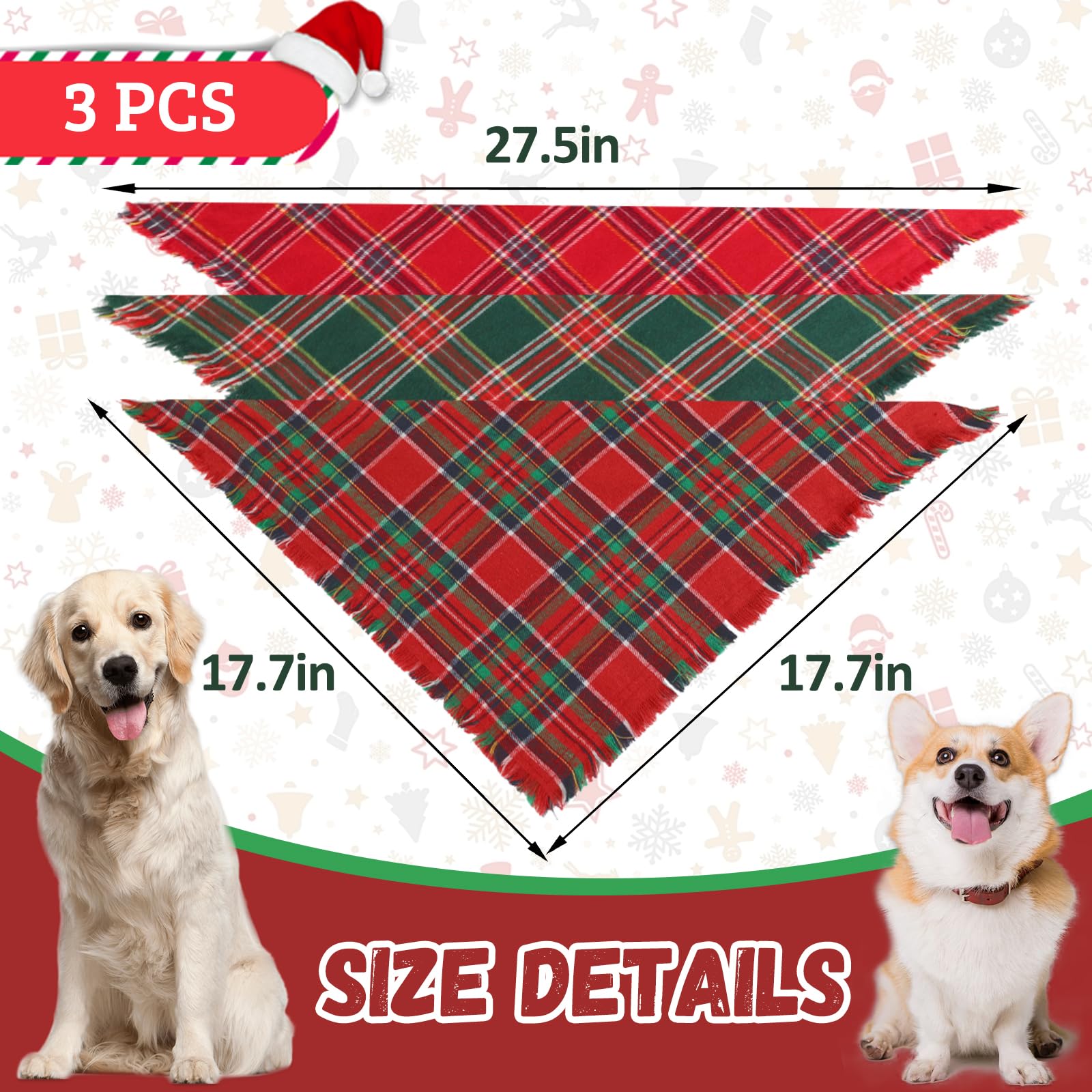 3 Pack Christmas Dog Bandanas With Tassels Edges Red Green Plaid Dog Christmas Bandana Scarf Bib Classic Triangle For Dogs Holid