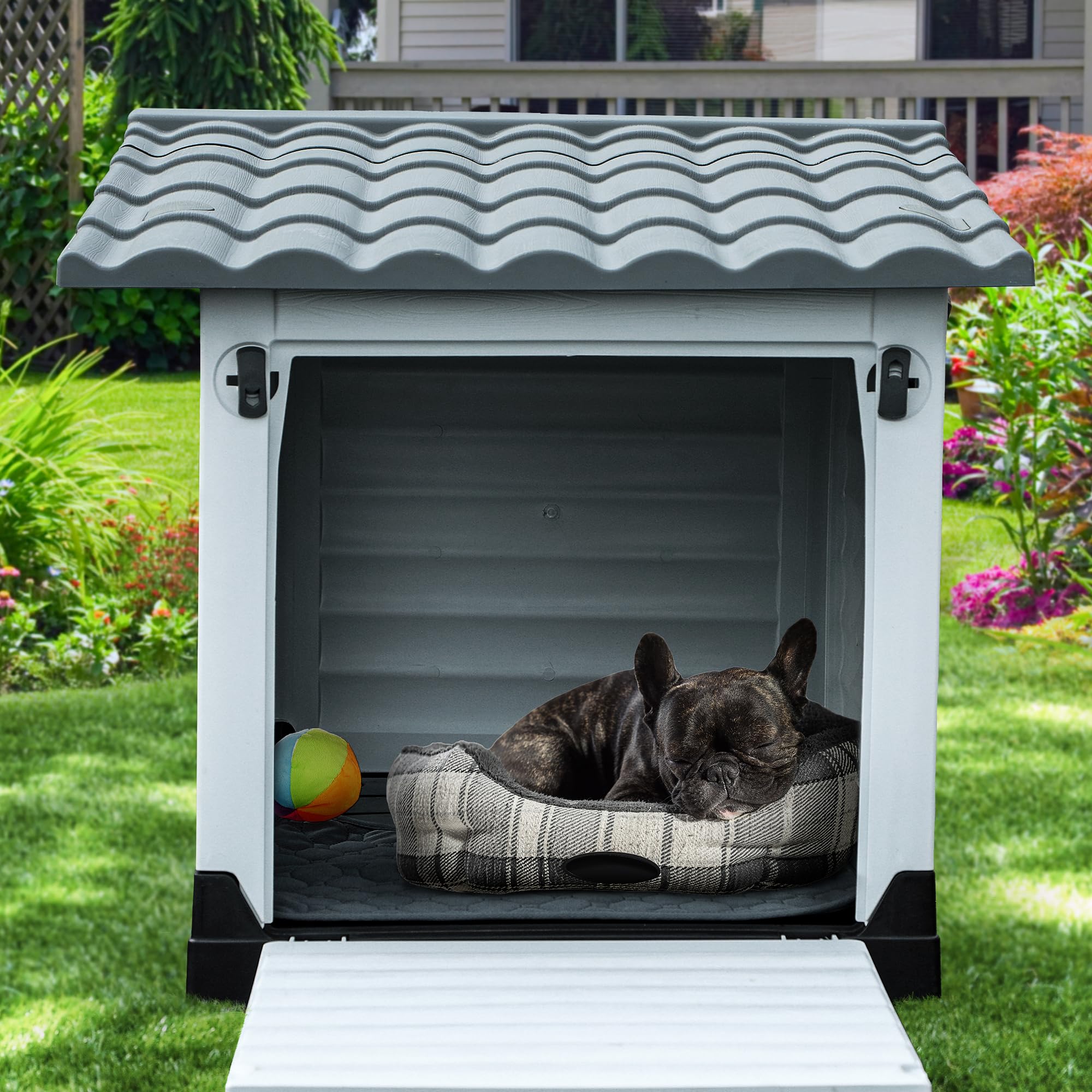 Yitahome 36'' Large Double Door Dog House With Porch & Cushion, Outdoor Plastic Doghouse With Elevated Base, Easy To Install, Wa