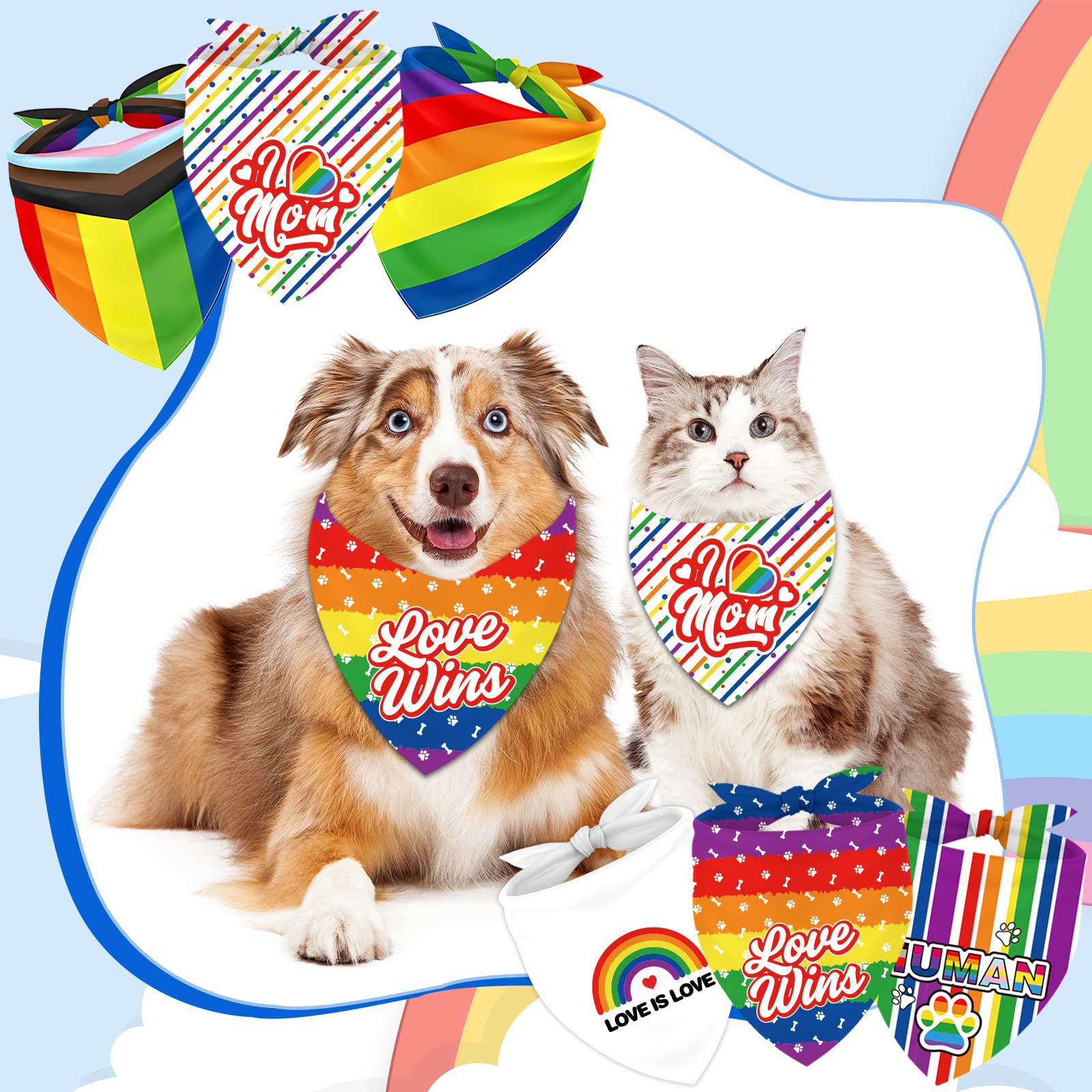 Whaline 6 Pack Gay Pride Day Dog Bandanas Rainbow Human Love Is Love Triangle Bibs Dog Paw Adjustable Pet Kerchief Scarf Washabl