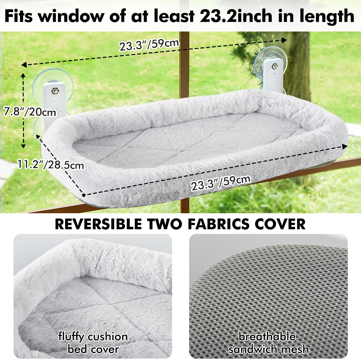 Amosijoy Cordless Cat Window Perch, Cat Hammock For Wall With 4 Strong Suction Cups, Solid Metal Frame And Two Replaceable Covers, Foldable Cat Beds For Indoor Cats (Large-Cushion Bed-Gray)