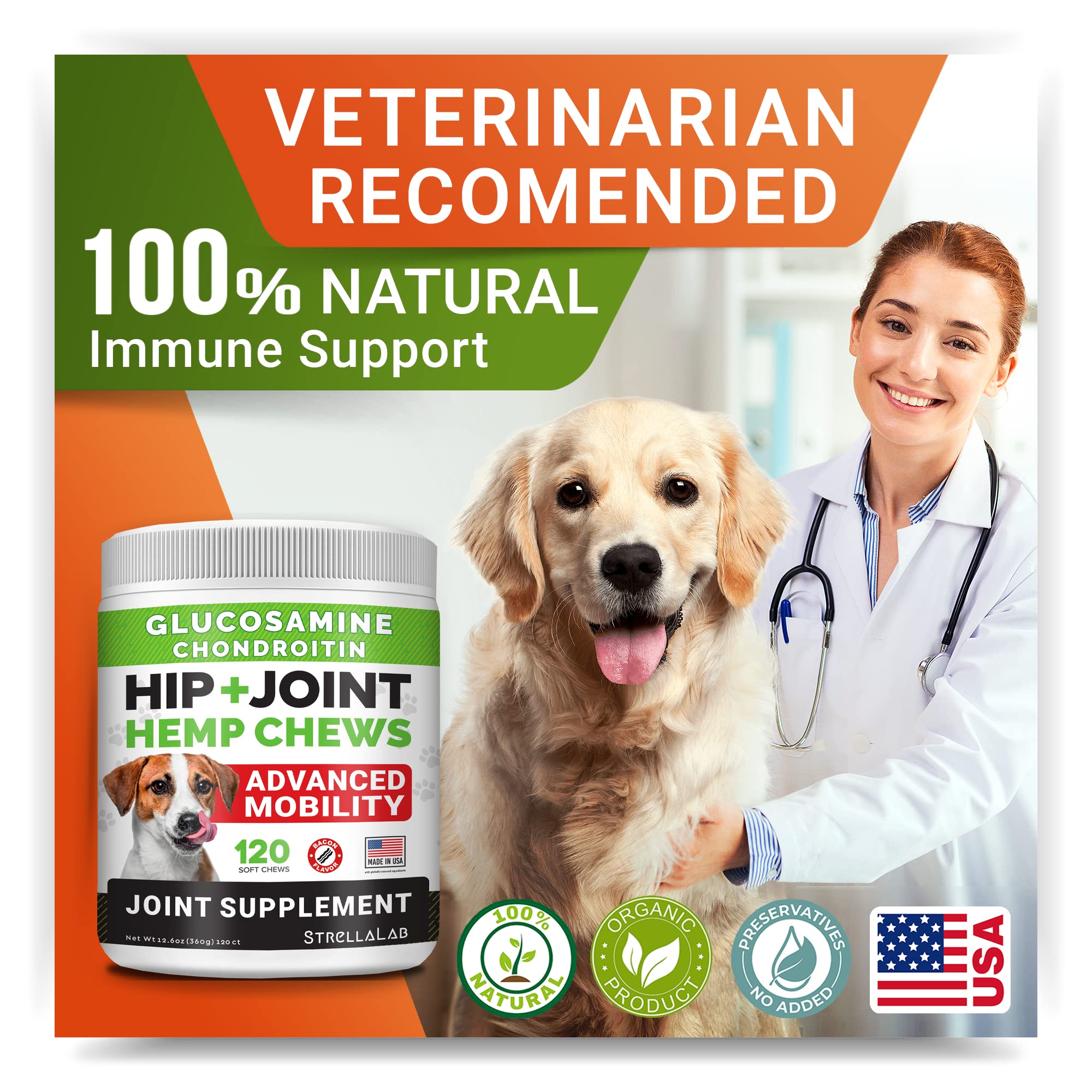 Hemp + Glucosamine Dog Joint Supplement - Hemp Chews for Dogs Hip Joint Pain Relief - Omega 3, Chondroitin, MSM - Advanced Mobil