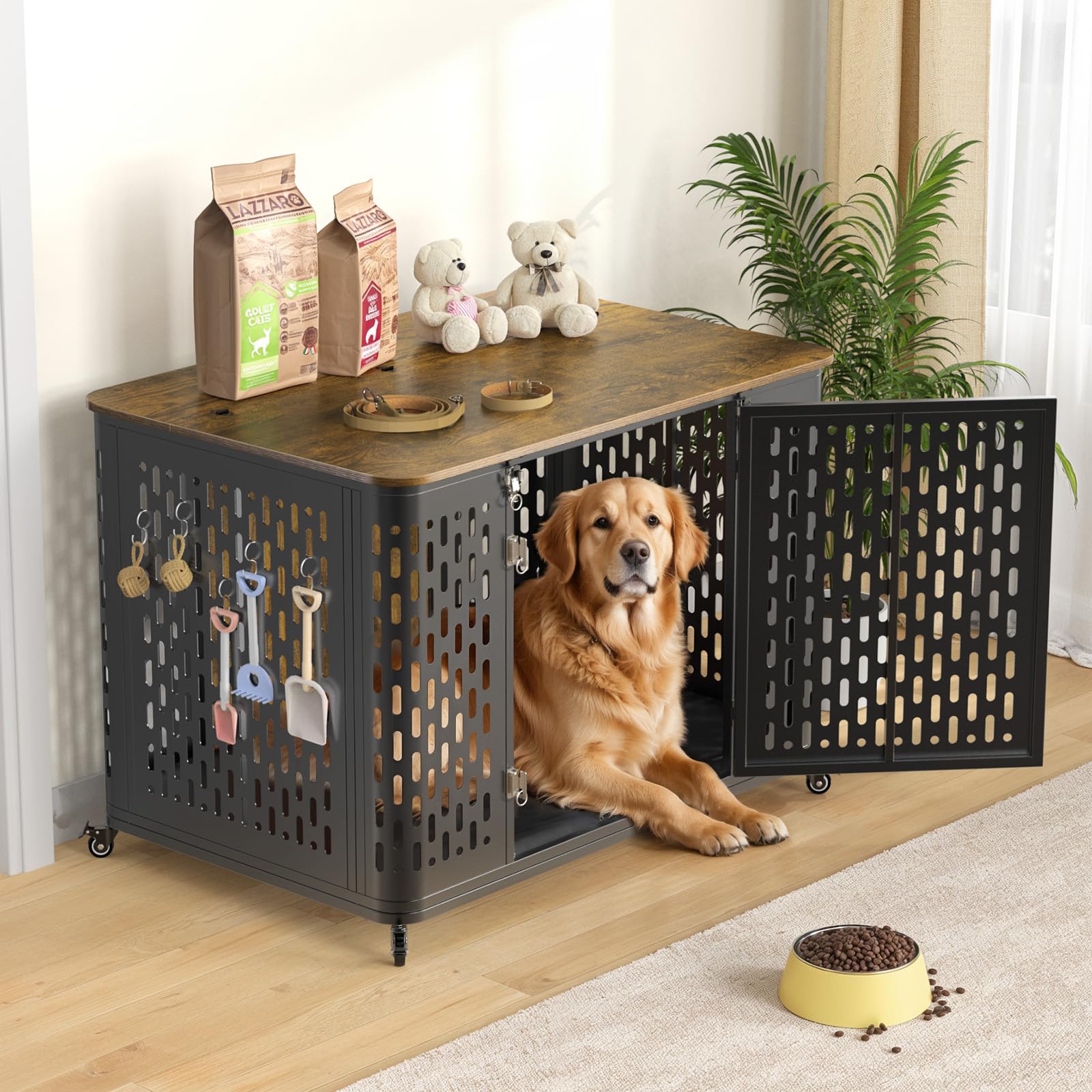 ONBRILL Heavy Duty Dog Crate Furniture for Large and Medium Dogs, 43.7 Inch Large Dog Crate Kennel with Flip Top & Cushion & Whe