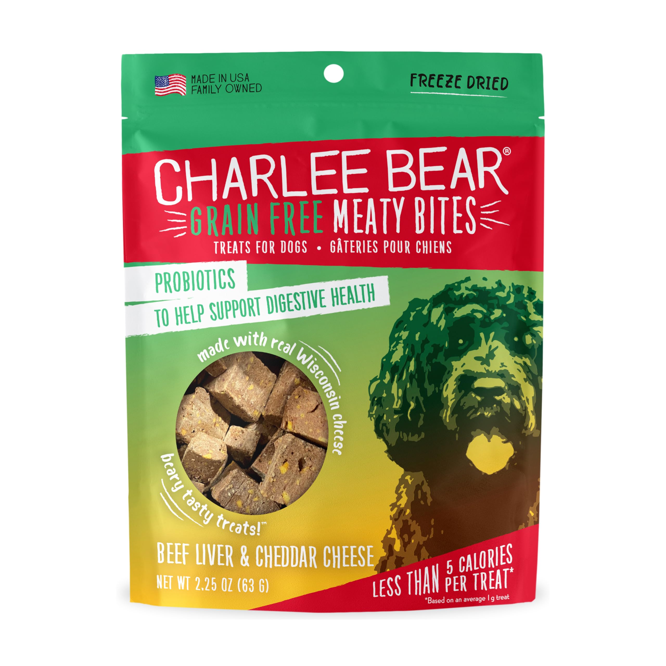 Charlee Bear Grain Free Meaty Bites Freeze Dried Dog Treats, Beef and Cheese, 2.25 Ounce Resealable Bag, Training Treats or Meal