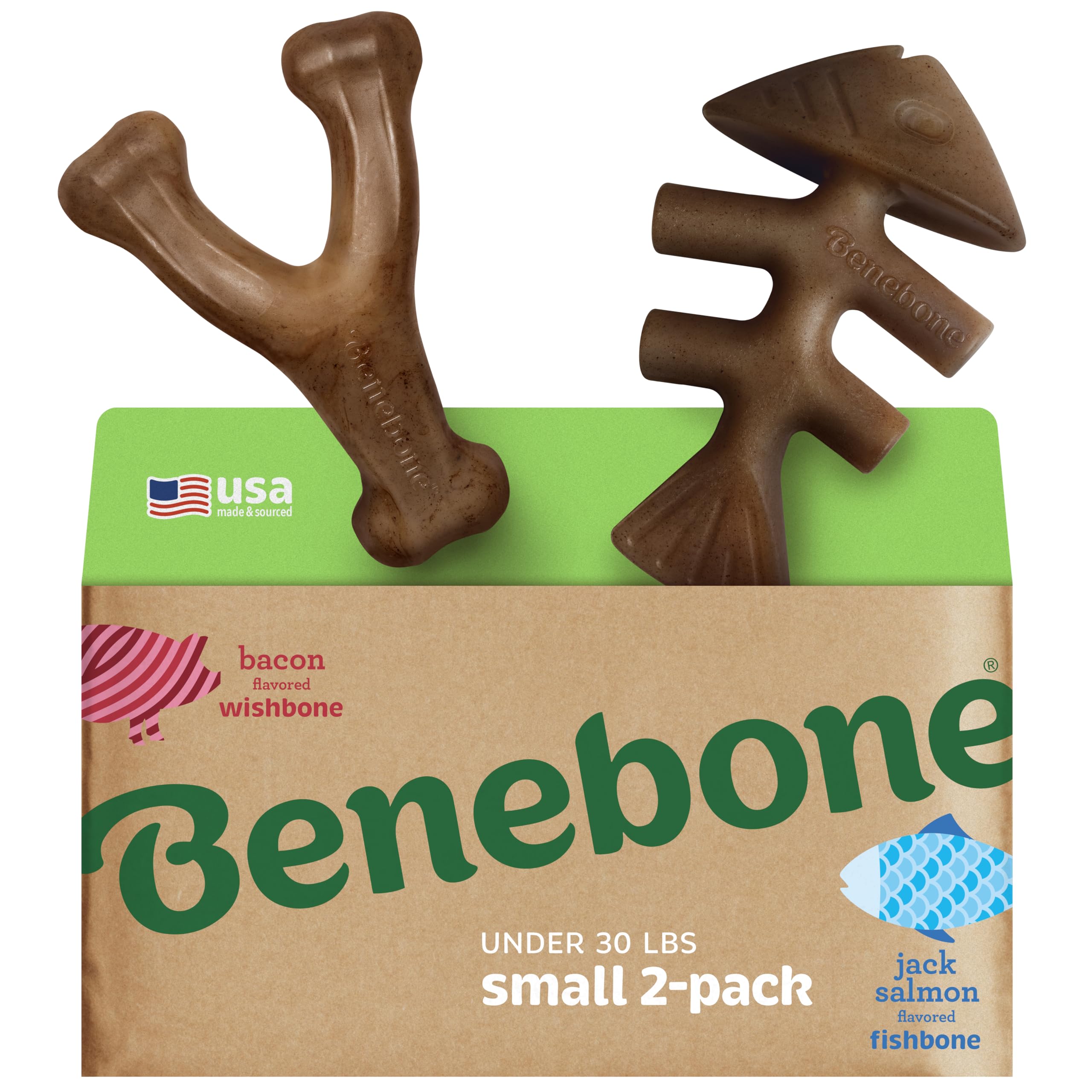 Benebone Set Of 1 Fishbone/Wishbone Durable Dog Chew Toys, Real Fish, Real Bacon, Made In Usa, Small