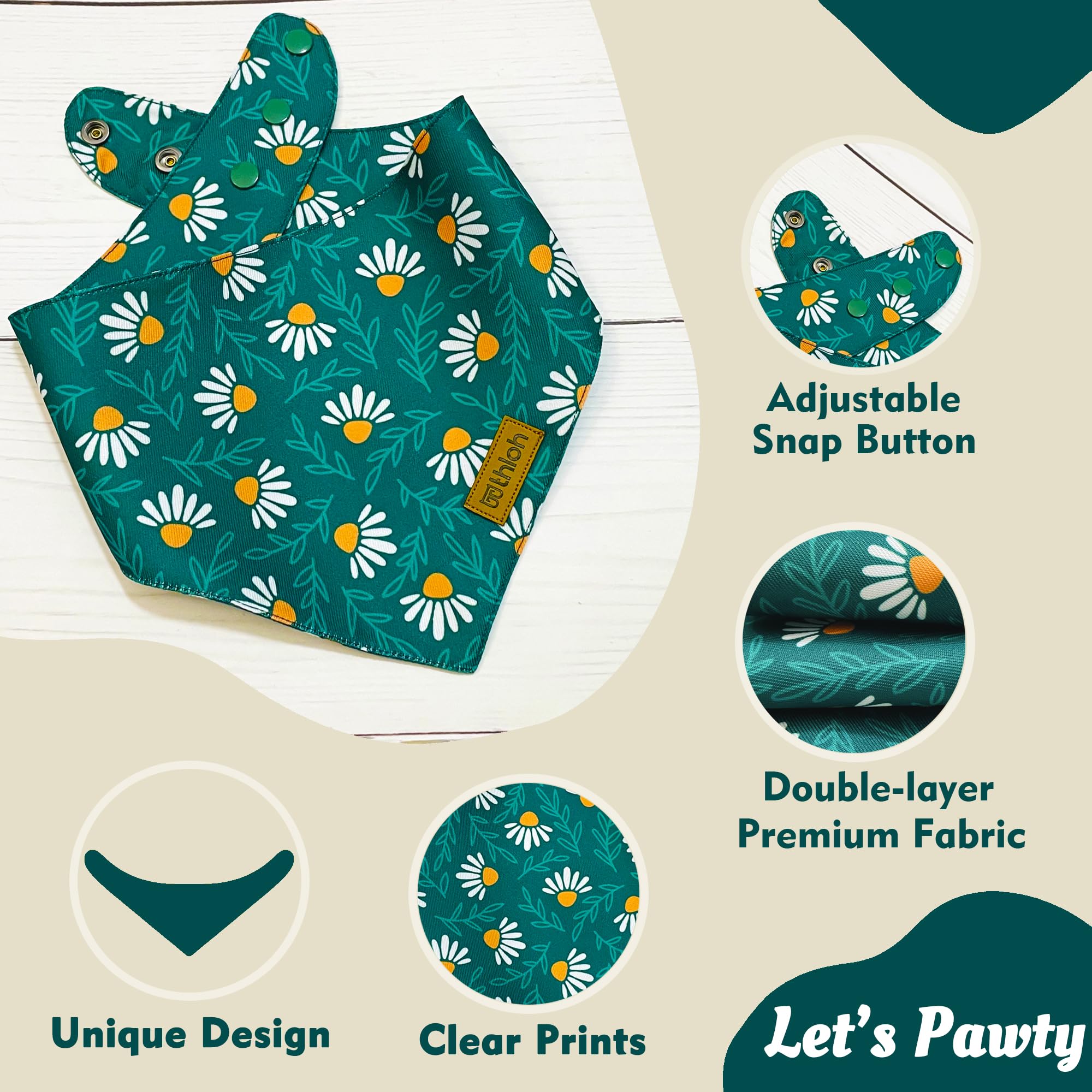 Thloh Spring Dog Bandanas With Snap Button, 2 Pack Floral Dog Scarf For Boy & Girl, Durable Fabric, Adjustable Fit, Unique Shape