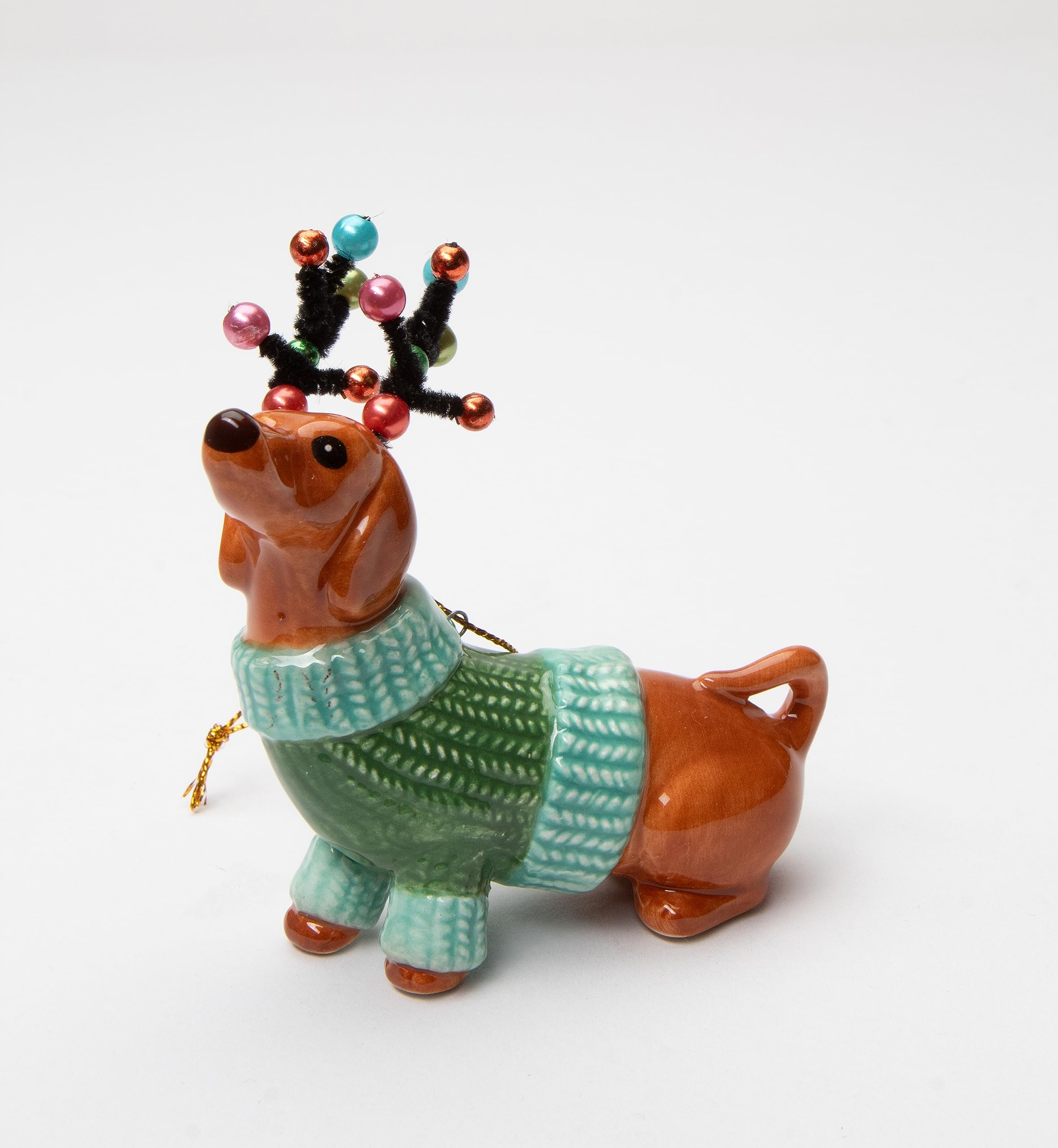 Cosmos Gifts 57012 Dachshund Dog in a Green Sweater with Reindeer Antlers Ornament, Multi-Colored, 3 3/8 x 1 5/8 x 3 7/8 H