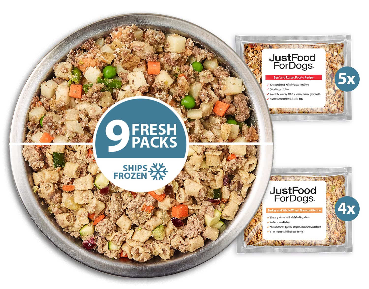 JustFoodForDogs Frozen Fresh Dog Food Topper Starter Pack, Beef & Turkey Human Grade Dog Food Recipes, 5.5 oz (Pack of 9)
