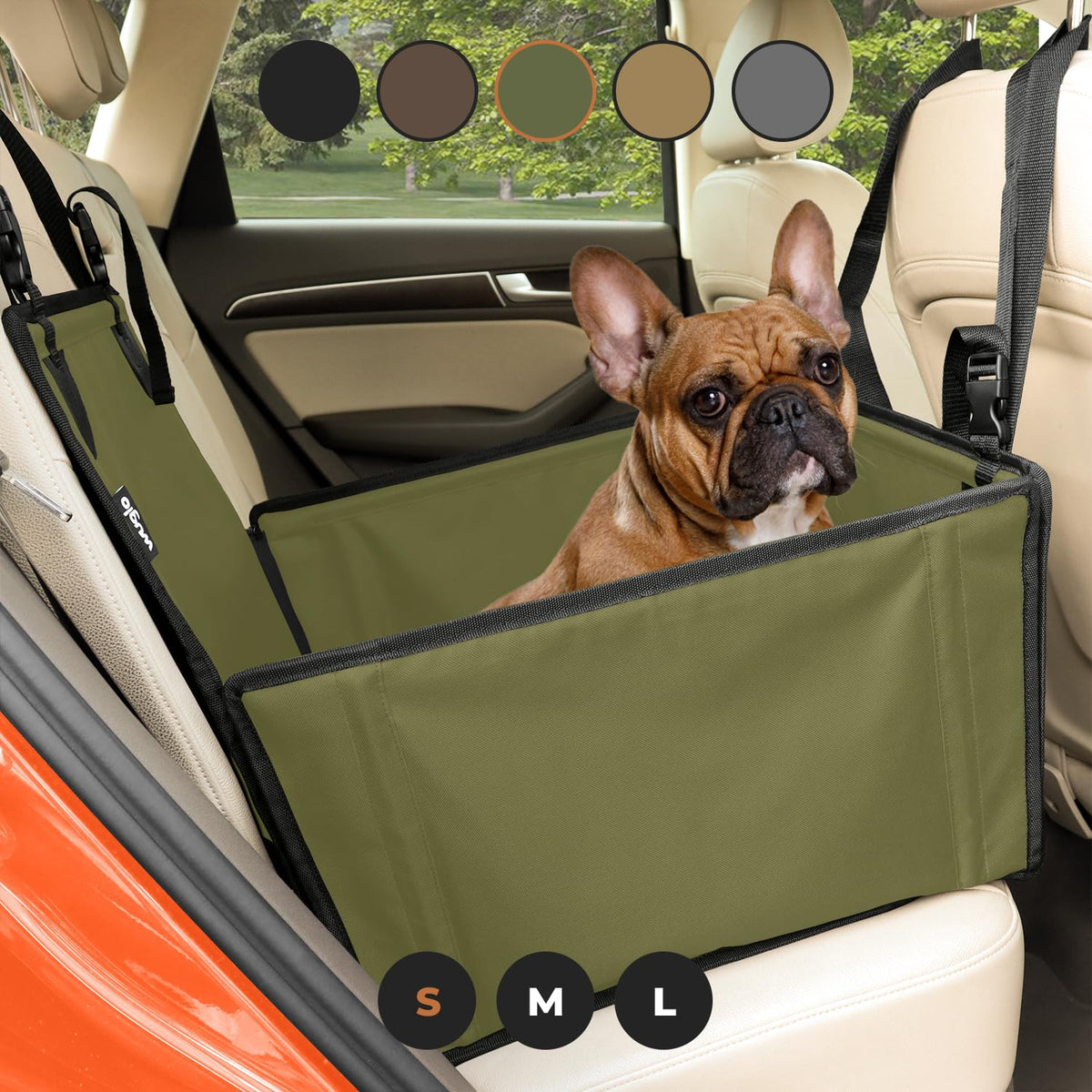 Wuglo Extra Stable Dog Car Seat - Reinforced Car Dog Seat For Medium-Sized Dogs With 4 Fastening Straps - Robust And Waterproof Pet Car Seat For The Back Seat Of The Car (S Size, Khaki)