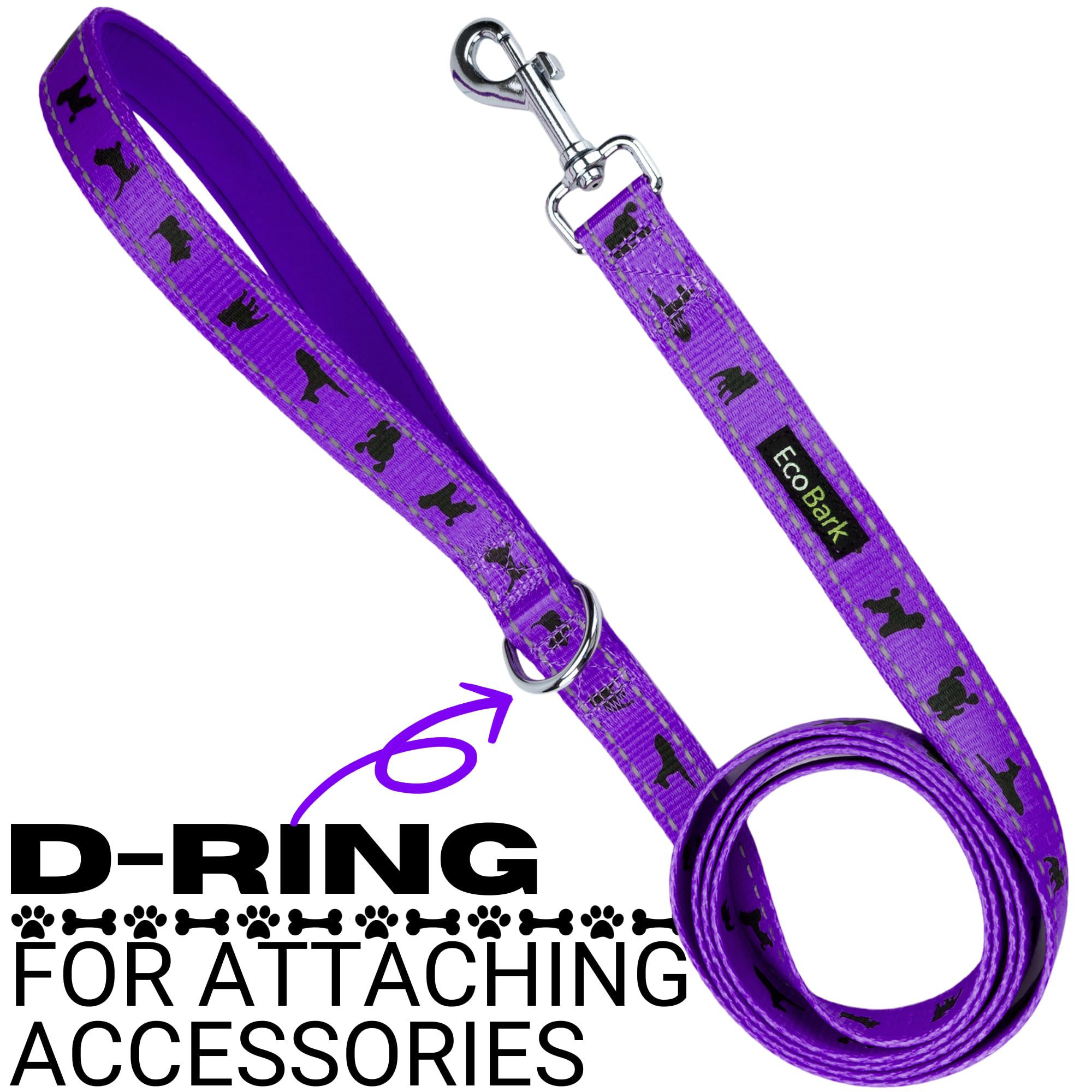 Ecobark Dog Leash - 4 Ft / 5 Ft / 6 Ft Reflective Dog Leash- Eco-Bright Dog Leashes With Padded Handle - Strong Heavy Duty Dog Leash - Nylon Dog Leash For Small And Medium Dogs (Purple Dog Leash)