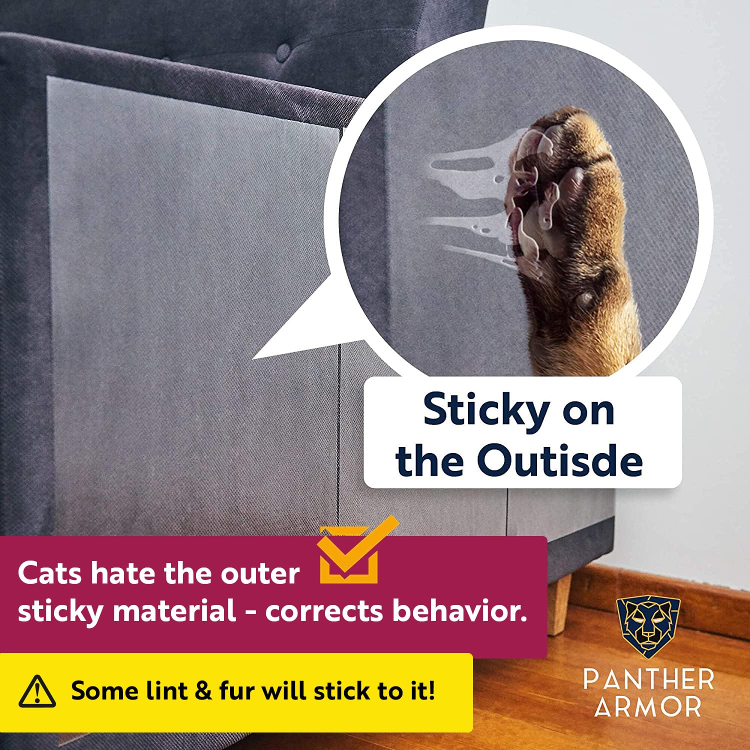 Panther Armor Cat Scratch Deterrent Tape - Double Sided, Clear, Plastic, 12-Pack, Couch Corner Protector