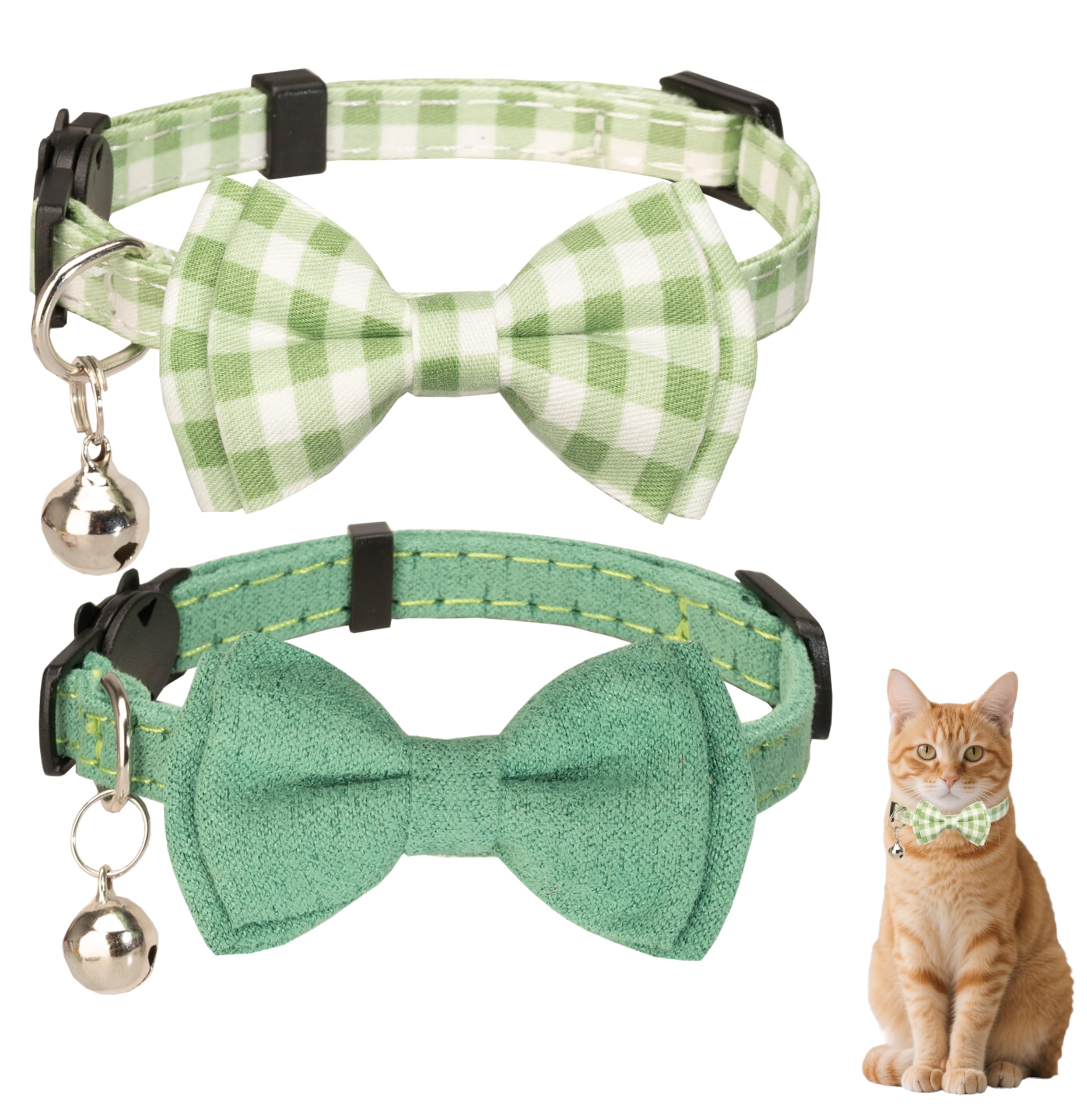 Gyapet Cat Collar Breakaway Bowtie Safety With Bell Adjustbale Kitten Puppy Solid Plaid Color Set J-[2Pcs] Green